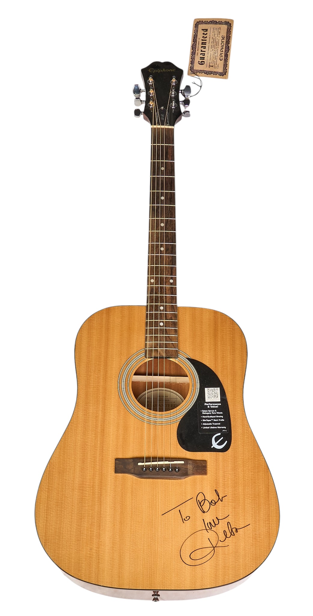 Reba McEntire Signed Acoustic Guitar: Acoustic guitar signed by American singer, actress, three-time Grammy Award winner Reba McEntire (b.1955) aka "The Queen of Country", inscribed "To Bob, Love Reba" height 43