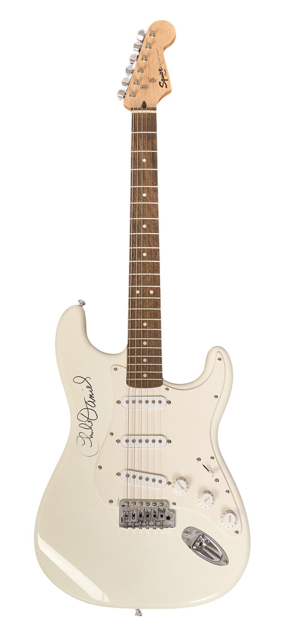 Charlie Daniels Signed Squire Guitar: White Squire electric guitar signed by American musician, singer, and songwriter Charlie Daniels (October 28, 1936 - July 6, 2020) height 39 in. x width 12.5 in. x depth 2 in. Provenance: