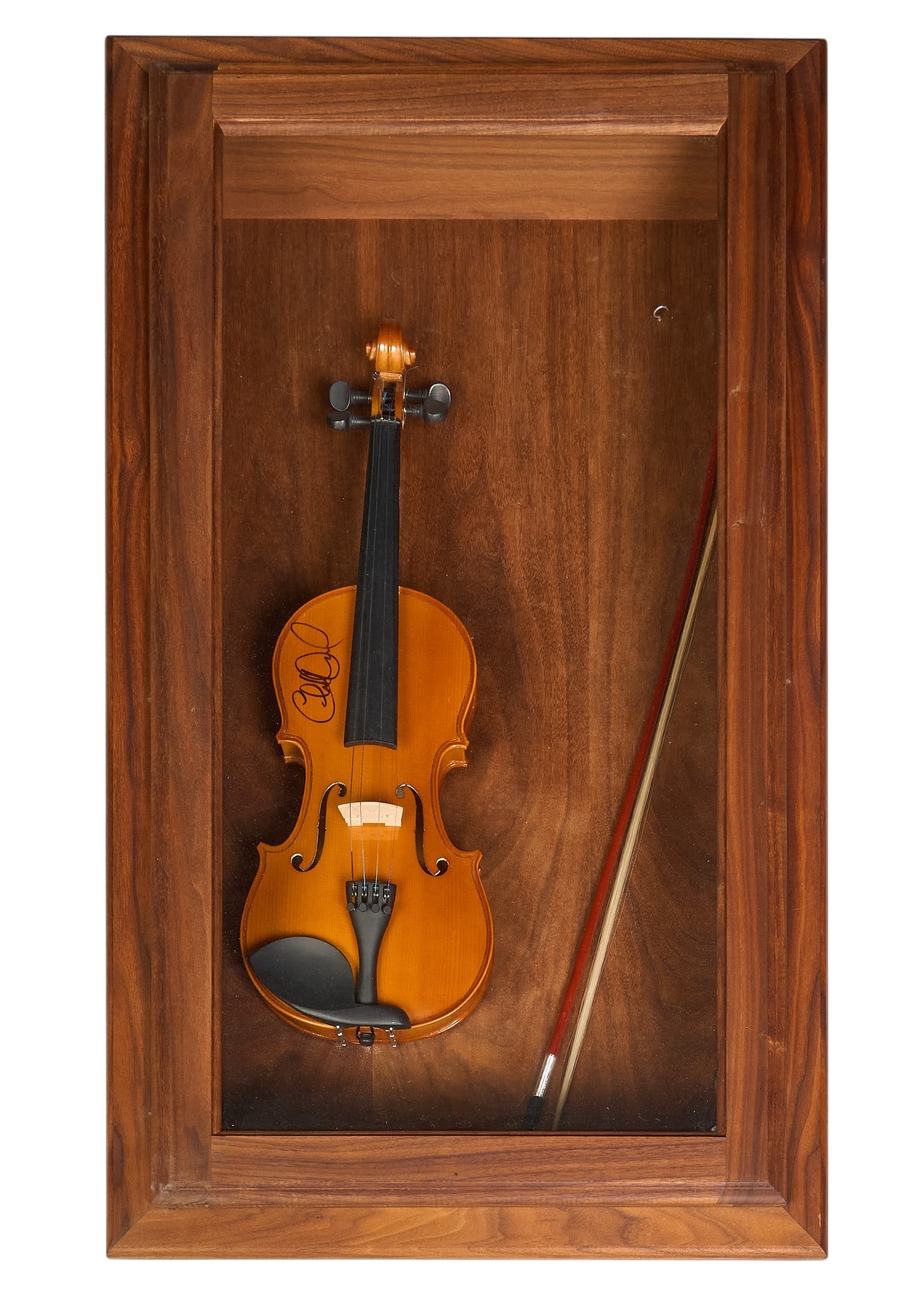 Charlie Daniels Signed Fiddle: Fiddle signed by American musician, singer, and songwriter Charlie Daniels (October 28, 1936 - July 6, 2020), includes bow, presented in shadow box height 37 in. x width 22 in. x depth