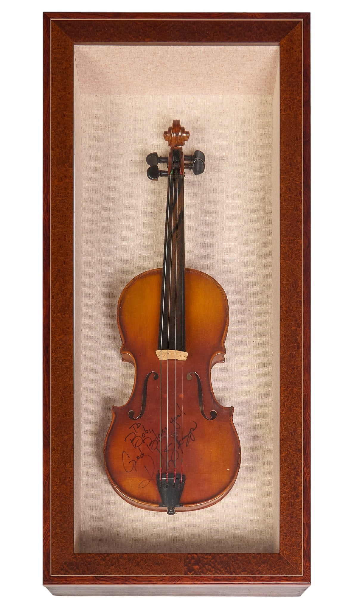 Ricky Scaggs Signed Fiddle: Fiddle signed by American country and bluegrass musician Ricky Skaggs (b. 1954), inscribed "To Bob, God Bless You! Ricky Skaggs", framed in shadow box height 33 in. x width 15.5 in. x