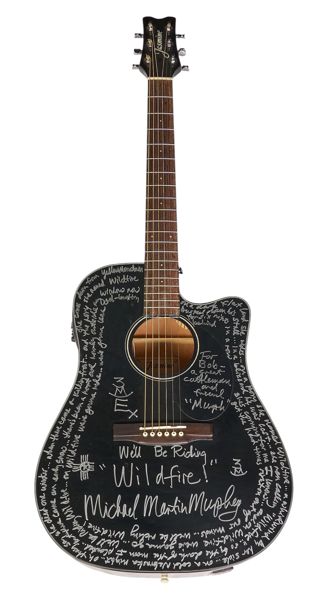 Michael Martin Murphy Signed Guitar: Jasmine acoustic guitar signed by American singer-songwriter Michael Martin Murphy (b. Mar 14, 1945) height 43 in. x width 16 in. x depth 4.5 in. Provenance: Property from the Estate of Robert