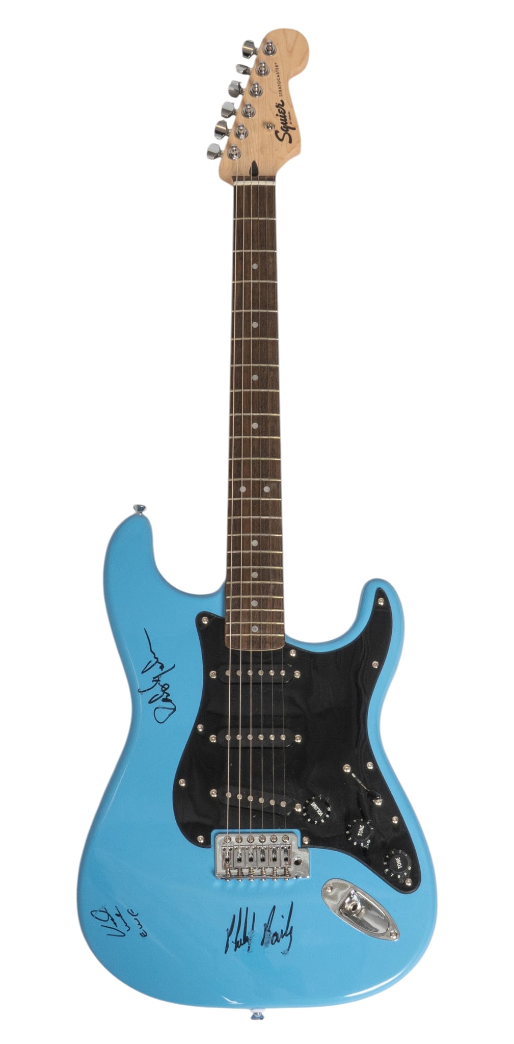 Signed Blue Electric Guitar: Electric blue guitar, with three unidentified signatures height 39 in. x width 13 in. x depth 3 in. Provenance: Property from the Estate of Robert A. "Bob" Funk Sr. - trailblazing