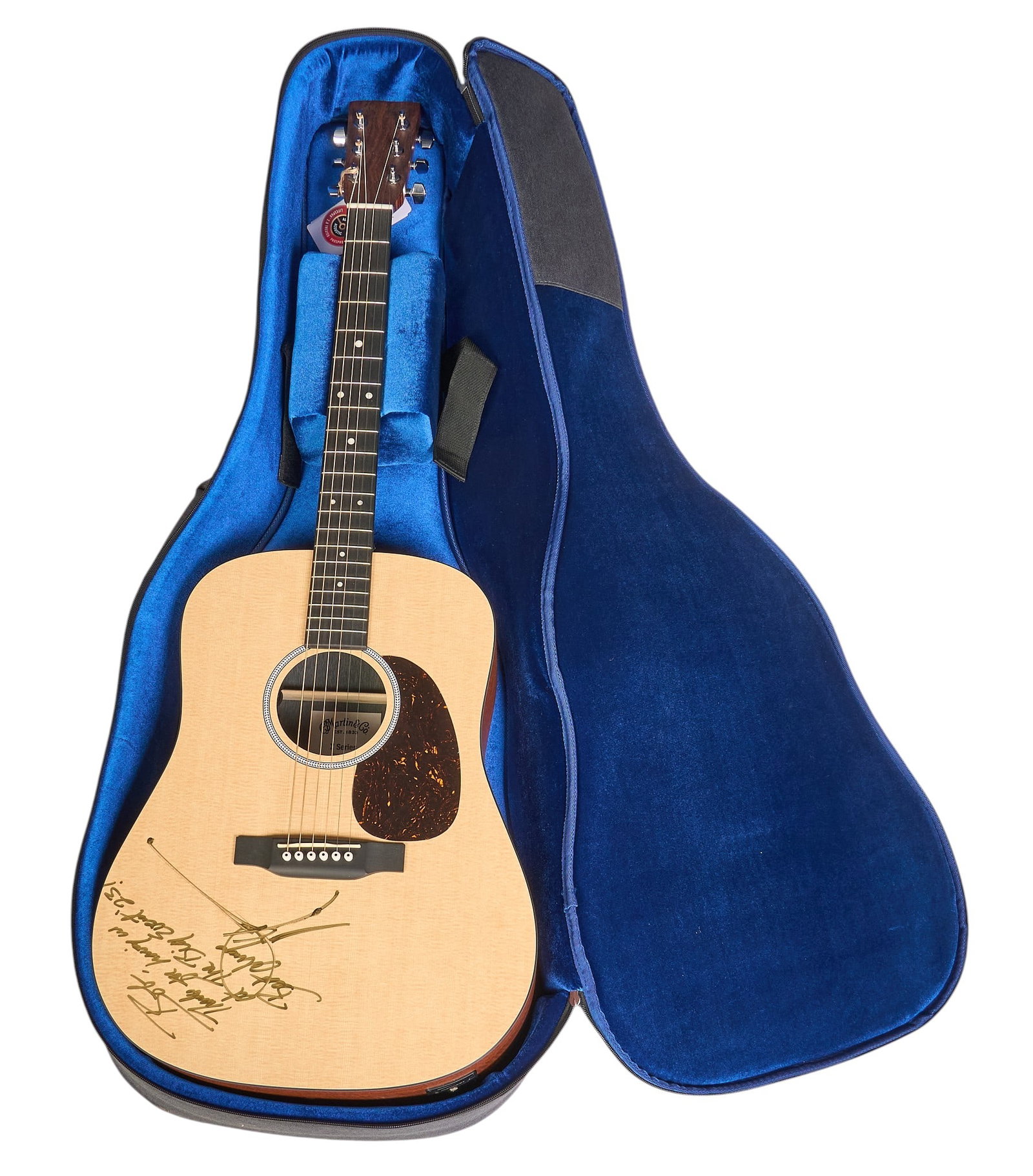 Signed Guitar and Case: Signed acoustic guitar with dedication to Bob Funk height 41 in. x width 16 in. x depth 5.5 in. Provenance: Property from the Estate of Robert A. "Bob" Funk Sr. - trailblazing