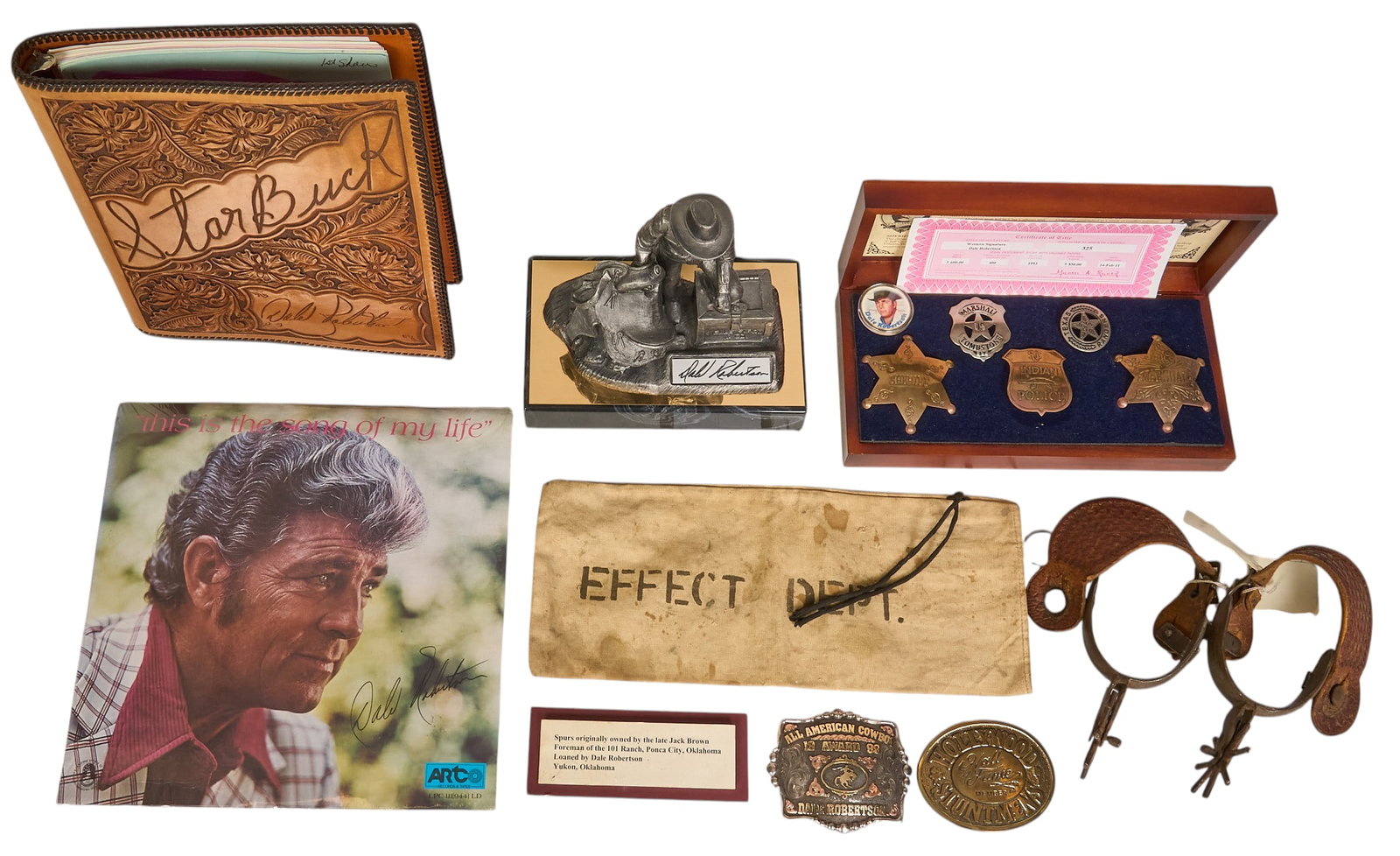 Collection of Dale Robinson Memorabilia: Collection of memorabilia for American actor Dale Robinson (b. 1939), includes: Sealed record, This Is the Song of My Life Historic Badges of the Old West in wooden presentation box Dale Robertson