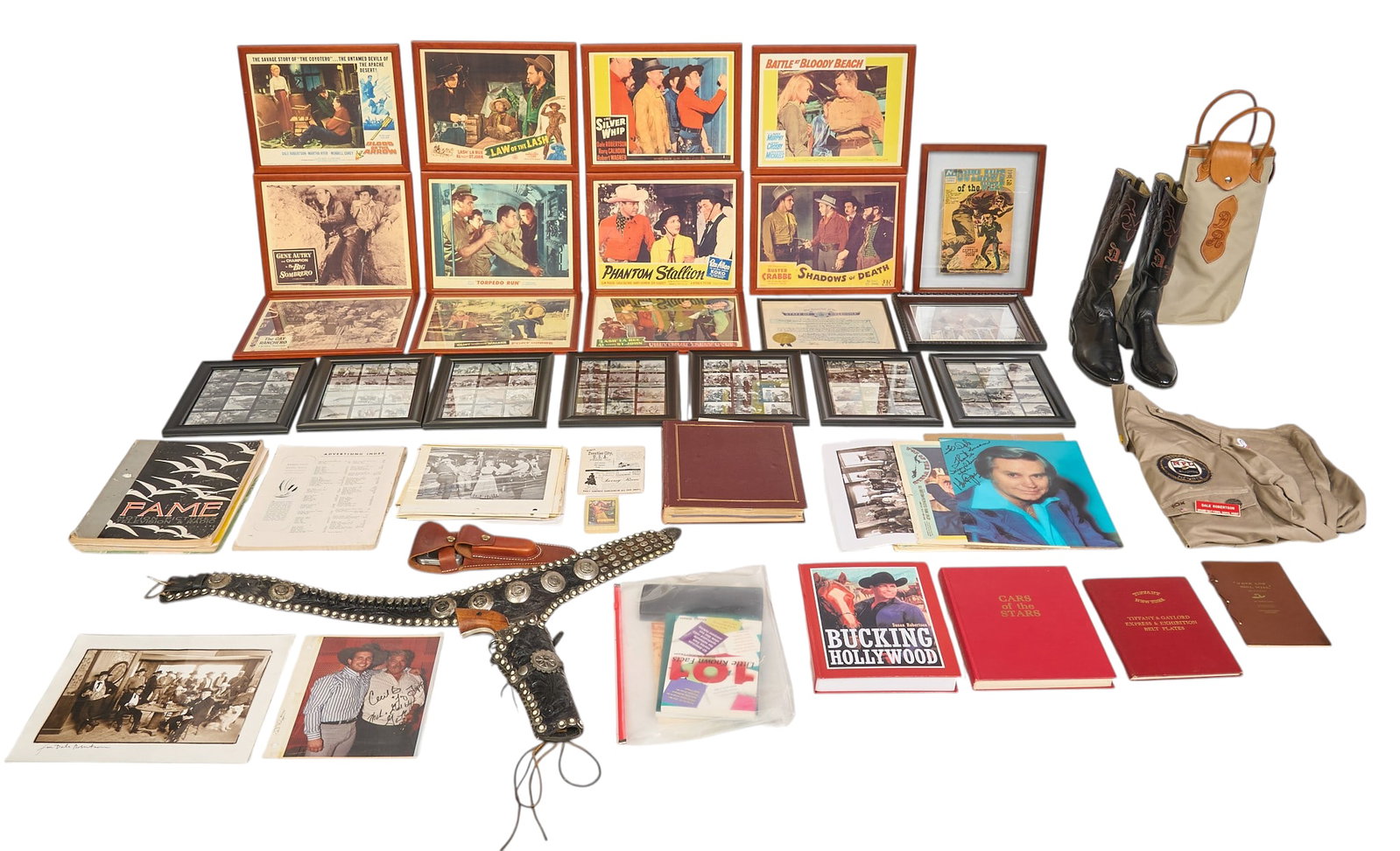 Collection of Dayle Robertson Memorabilia: Collection of items attributed to having originally belonged to, or signed by American actor Dayle Lymoine Robertson (1923-2013), includes: Pair of leather cowboy boots in cloth travel bag