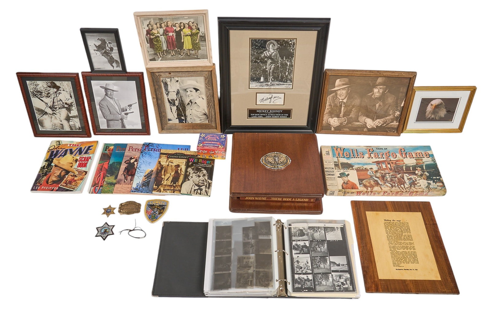 Collection of Western Actor Memorabilia: Collection of various memorabilia relating to Clayton Moore, Dale Robertson, Will Rogers, and John Wayne height 22 in. x width 17 in. / largest Provenance: Property from the Estate of Robert A.