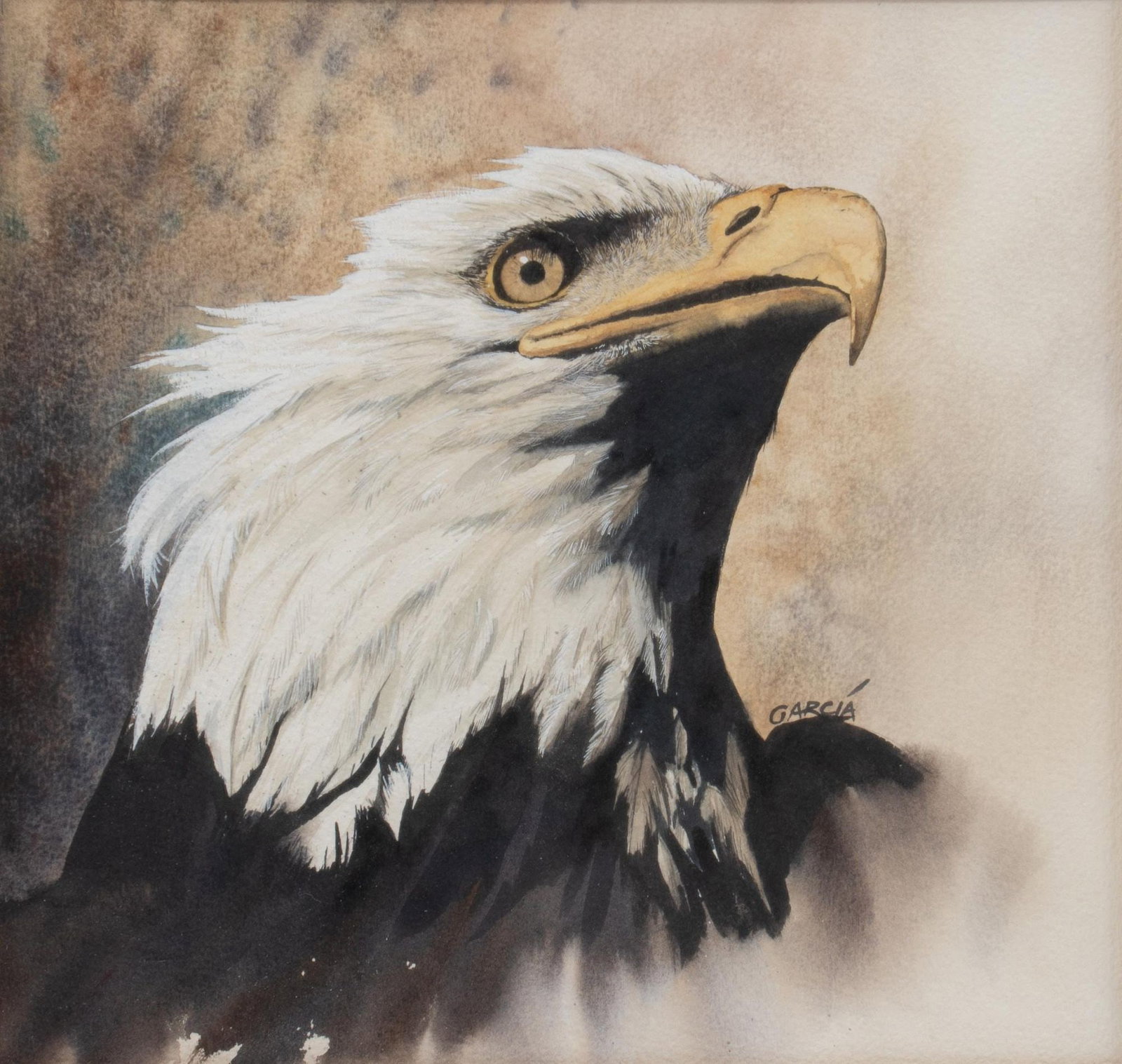 Garcia, Eagle: Signed Garcia, Bald Eagle head, watercolor on artist paper sight: 10 x 10.5 in., frame: 21 x 22 in. Provenance: Property from a home in San Antonio, Texas