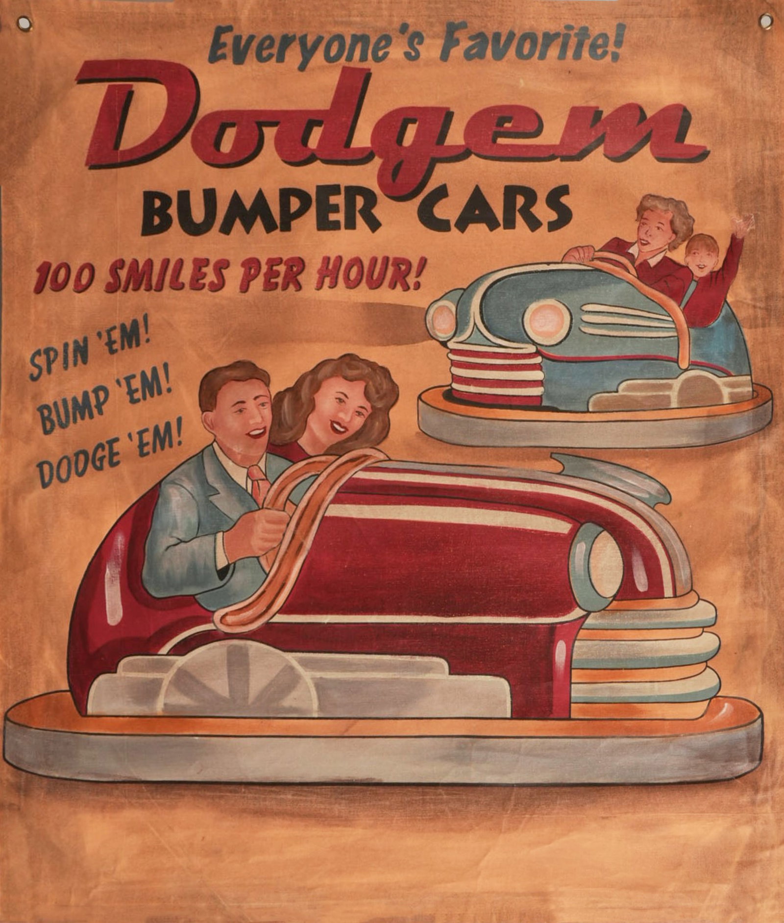 Vintage Dodgem Bumper Cars Banner, 1960s: Vintage painted canvas banner for Dodgem Bumper Cars, circa 1960s height 38 in. x width 32 in. Provenance: Property from a home in Rockport, Texas