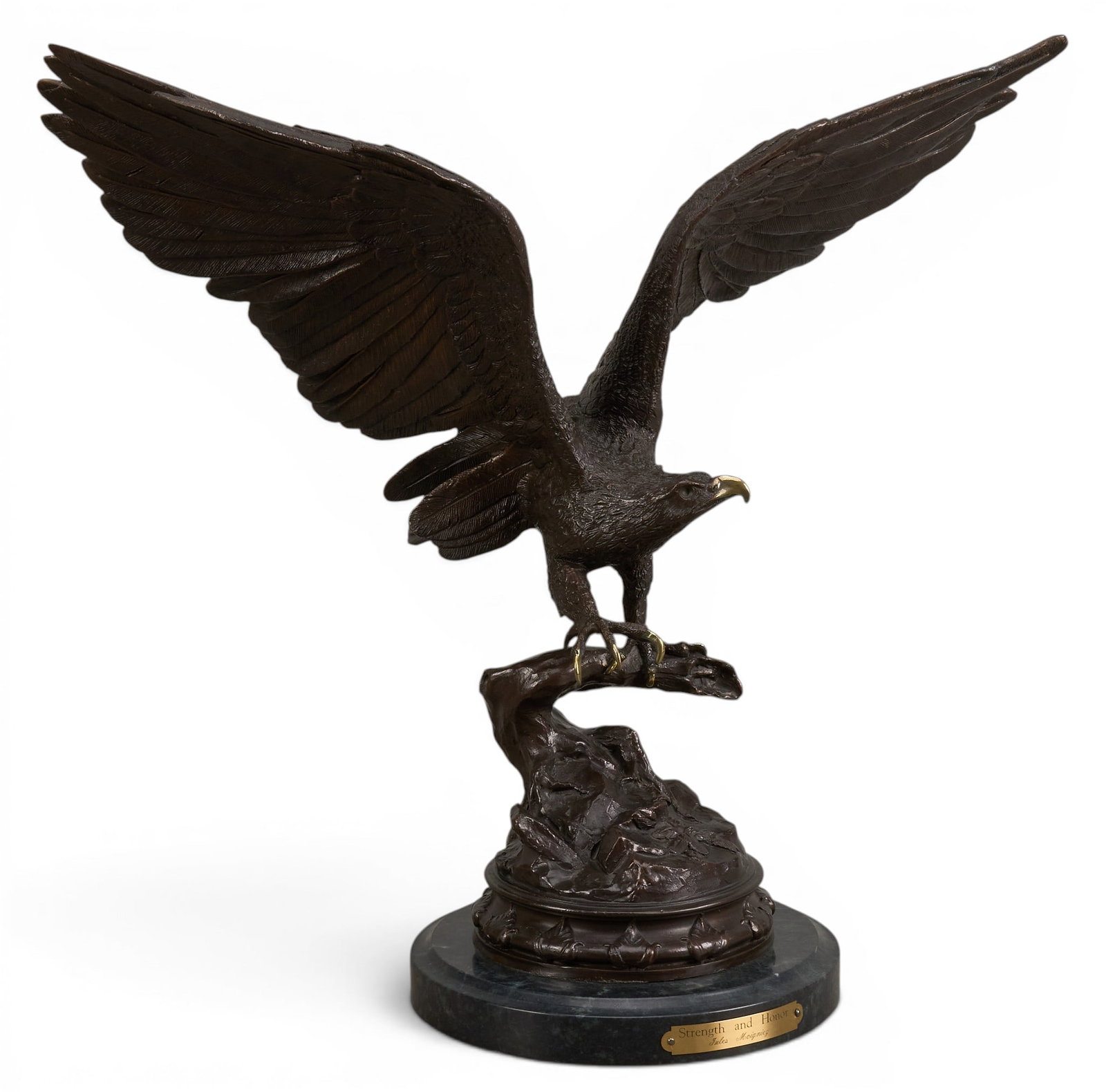 Jules Moigniez, "Strength and Honor": After Jules Moigniez (France, 1835-1894), "Strength and Honor", bronze eagle, recast sculpture on stone base height 18 in. x width 19 in. x depth 11 in. (including base) Provenance: