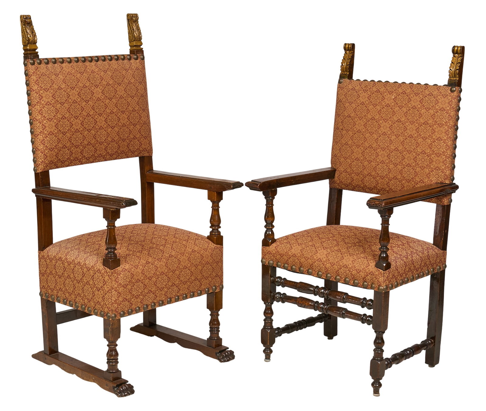 (2) Jacobean Style Chairs: Pair of vintage turned Jacobean style chairs with matching upholstery height 56 in. x width 26 in. x depth 26 in. / each Provenance: Property from a home in San Antonio, Texas, originally from the