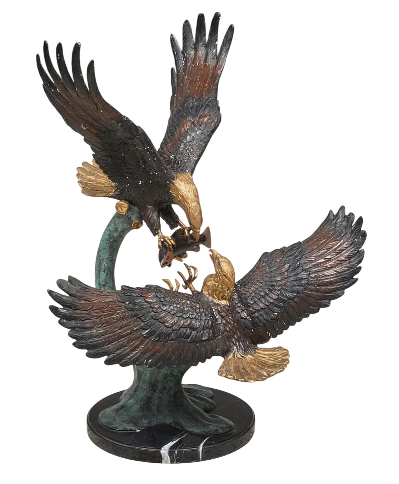 Joseph Sedgh Collection, Two Eagles Sculpture: Large metal sculpture with two eagles fighting over fish, stamped with Joseph Sedgh Collection label, atop stone base height 42.5 in. x width 31 in. x depth 27 in. (including base) Provenance:
