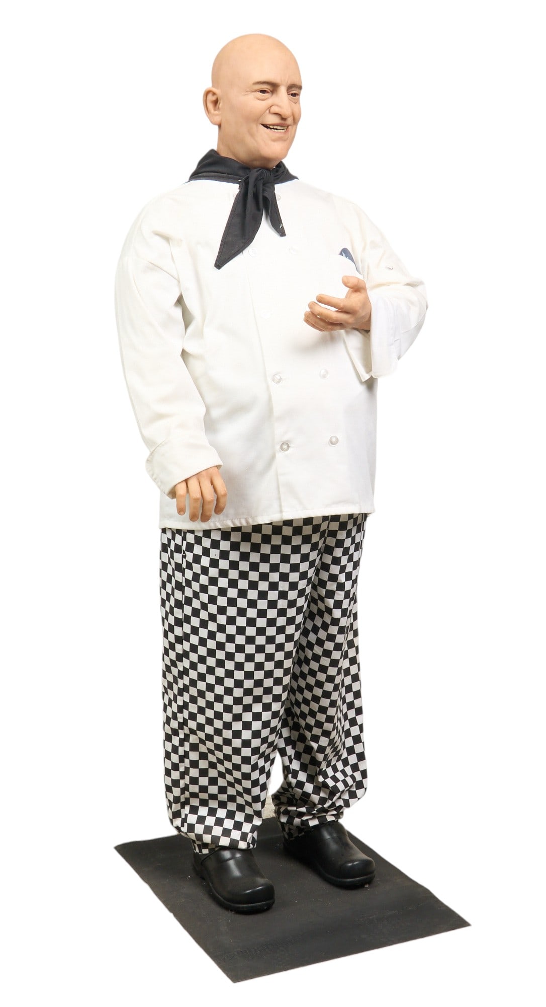 Life-Size Chef Mannequin: Life-size mannequin with chef coat and checkered pants, signature "LM 19/95" on back of neck height 70 in. x width 25 in. x depth 27 in. Provenance: Property from the Estate