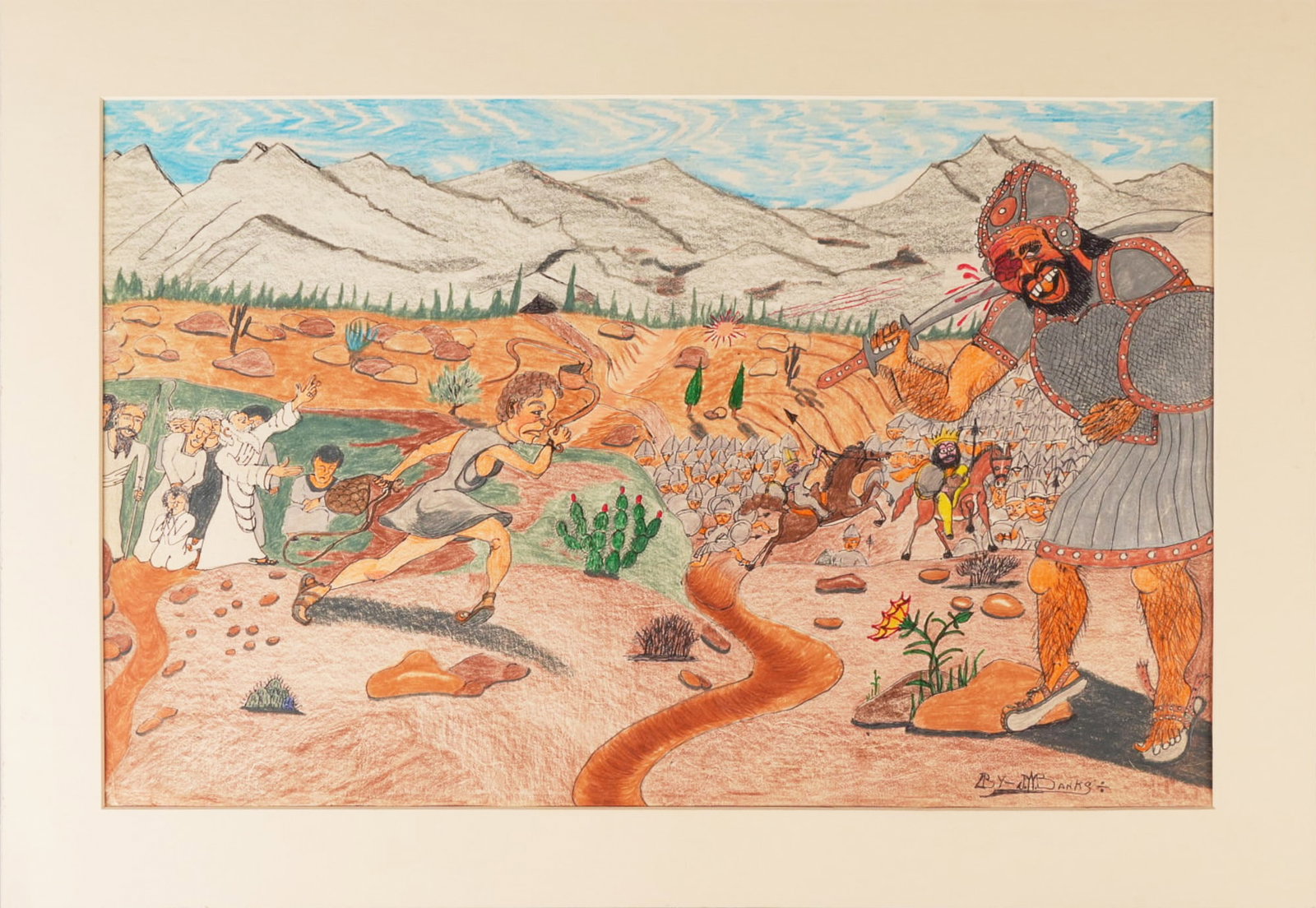 Johnny Banks, "David and Goliath", 1986: John Willard Banks (Texas, 1912-1988), "David and Goliath", colored pencil and markers on paper, signed lower right, titled and dated on the verso, 1986; not framed, affixed to mat, in
