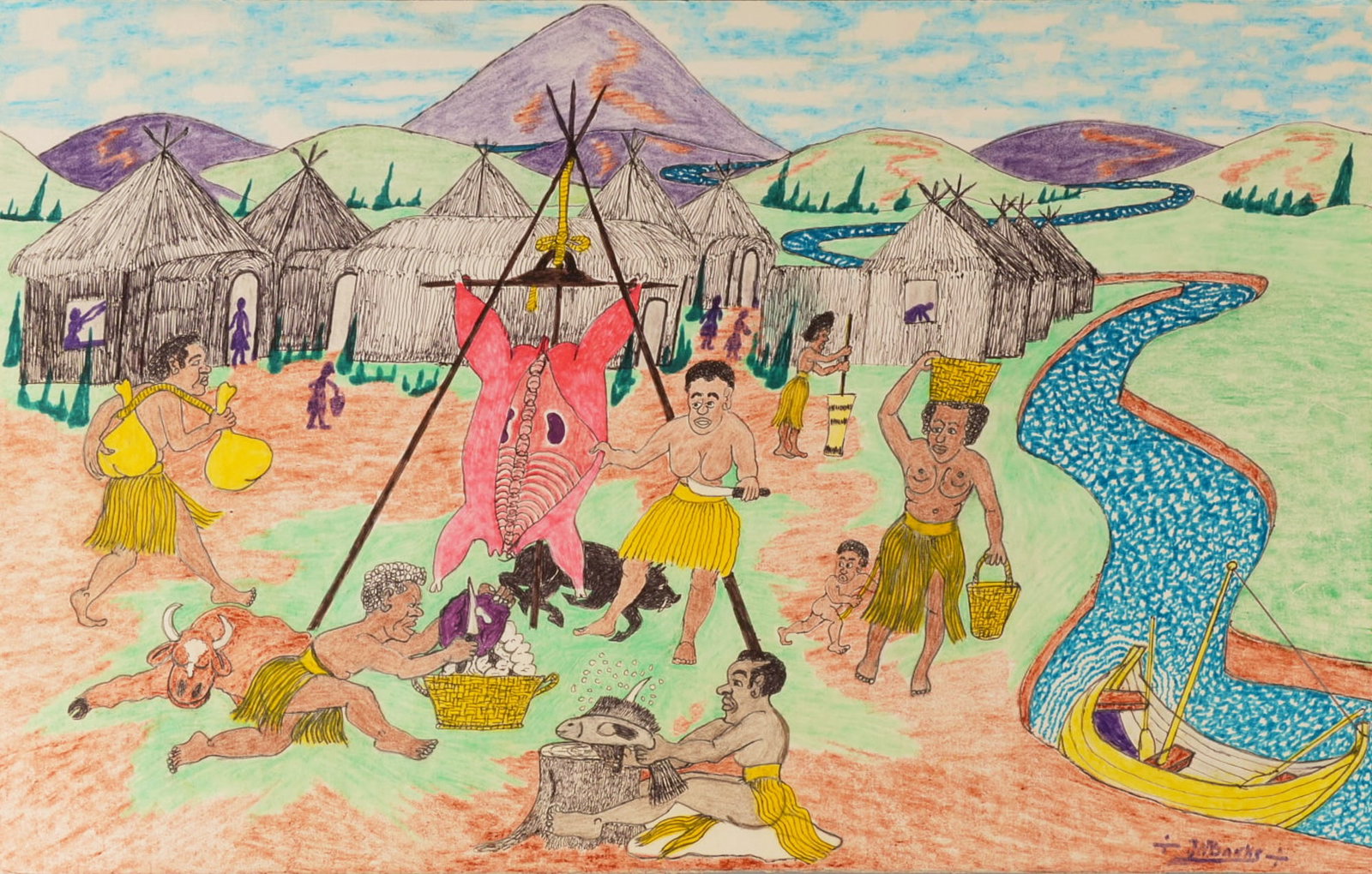 Johnny Banks, "The Successful Harvest": John Willard Banks (Texas, 1912-1988), "The Successful Harvest of the Mu Ma Tribes", colored pencil and markers on posterboard, signed lower right; not framed, in protective