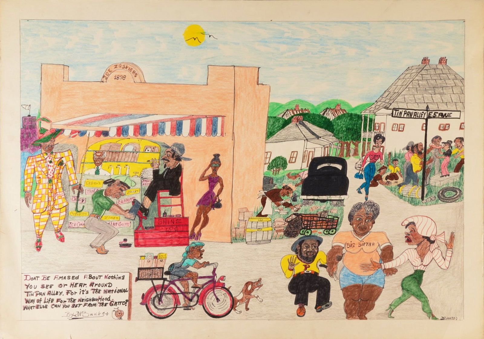 Johnny Banks, "Tin Pan Alley": John Willard Banks (Texas, 1912-1988), "Tin Pan Alley", colored pencil on posterboard, titled and dated on the verso, 1986, signed lower left and right;