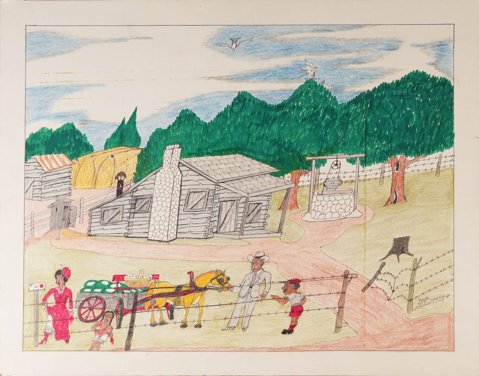 Johnny Banks, "Week In Shopping and Traiding Spree": John Willard Banks (Texas, 1912-1988), "Week In Shopping and Traiding Spree, 1919", colored pencil, markers, and pen on posterboard, titled and dated on the verso, 1985, signed lower