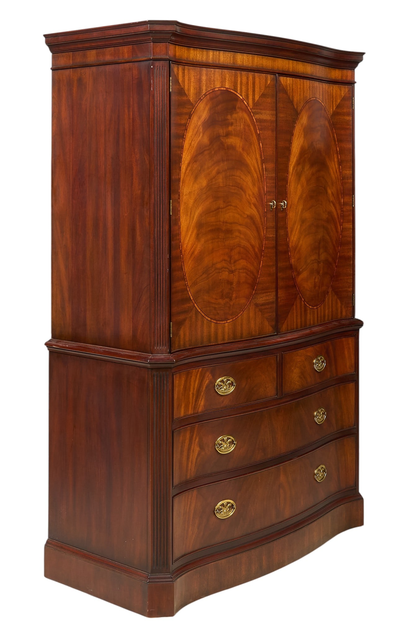 Henkel Harris, Wardrobe: Henkel Harris (Winchester, Virginia) wardrobe with cabinet and drawer storage with flame mahogany veneer, on plinth base height 71 in. x width 43 in. x depth 21 in. Provenance: Property from the Estat