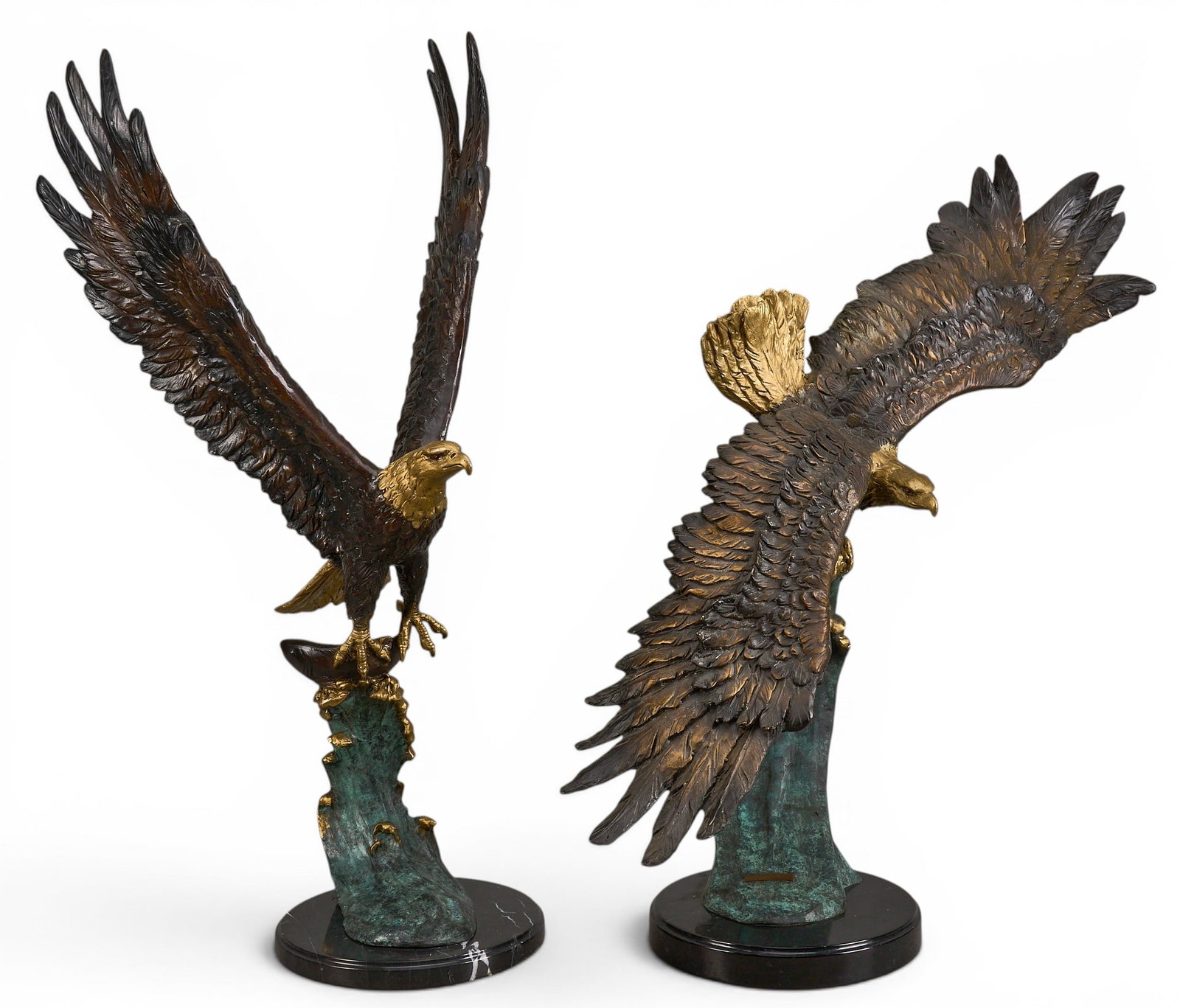 Joseph Sedgh Collection, (2) Eagles: Joseph Sedgh Collection, (2) patinated metal eagle sculptures atop stone bases height 36 in. x width 19 in. x depth 15 in. (including base) / greater Provenance: Property from the Estate of Robert A. 
