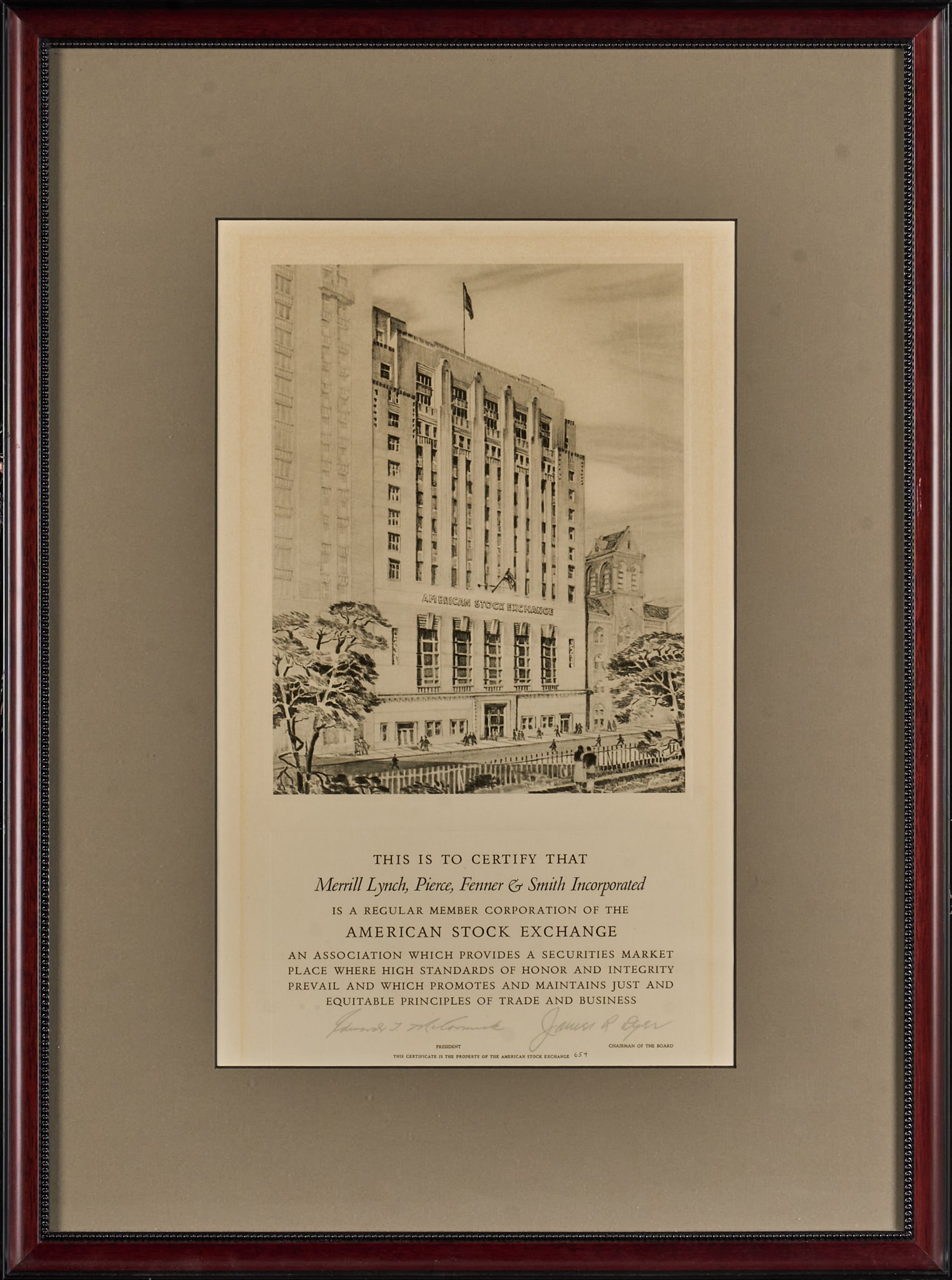 Merrill Lynch Member Certificate: American Stock Exchange member certificate with vintage lithograph depicting the American Stock Exchange; text also hand-printed from printing press reading, "This is to Certify that