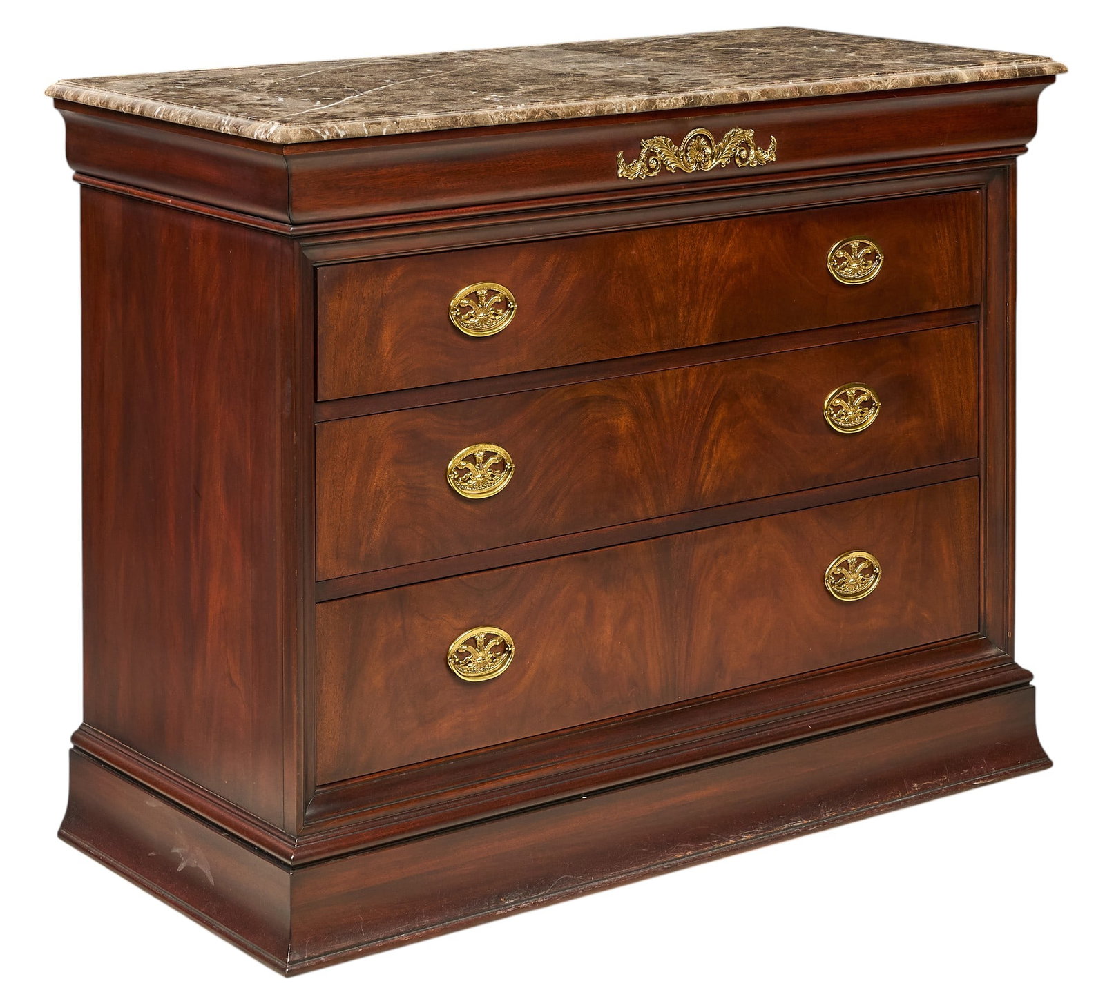 Henkel Harris, French Empire Style Dresser: Henkel Harris (Winchester, Virgina) French Empire style dresser with flame mahogany veneer and marble top height 34.5 in. x width 44 in. x depth 20.5 in. Provenance: Property from the Estate of 