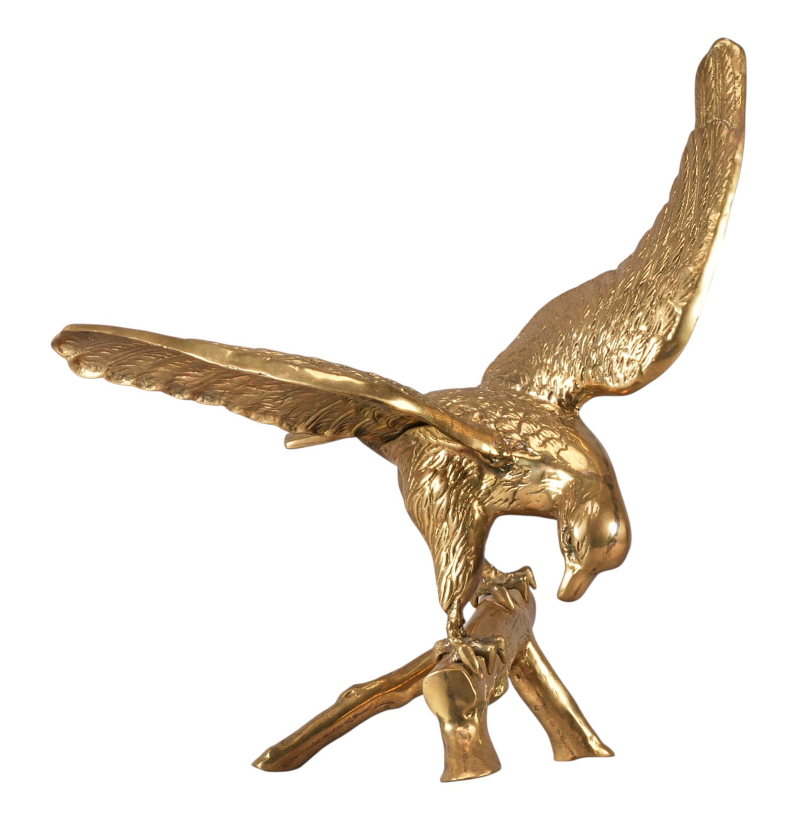 Brass Eagle: Brass sculpture depicting eagle on log height 19.5 in. x width 11 in. x depth 16 in. Provenance: Property from the Estate of Robert A. "Bob" Funk Sr. - trailblazing American