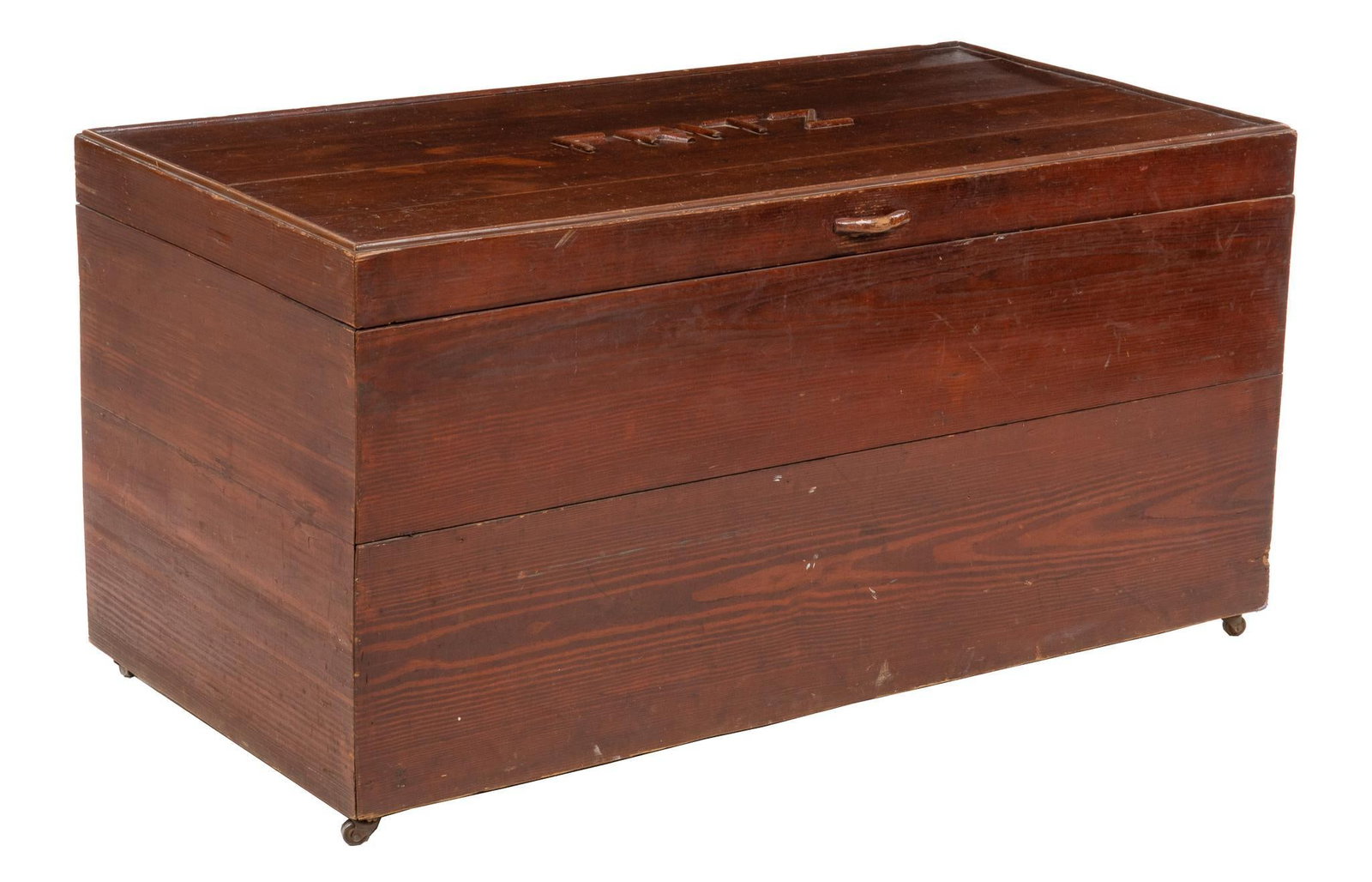 Vintage Blanket Chest: Vintage blanket chest, with two plank front, hinged top, marked "Fritz", opening to interior storage, supported on casters height 24.5 in. x width 48 in. x depth 24 in. Provenance: Property