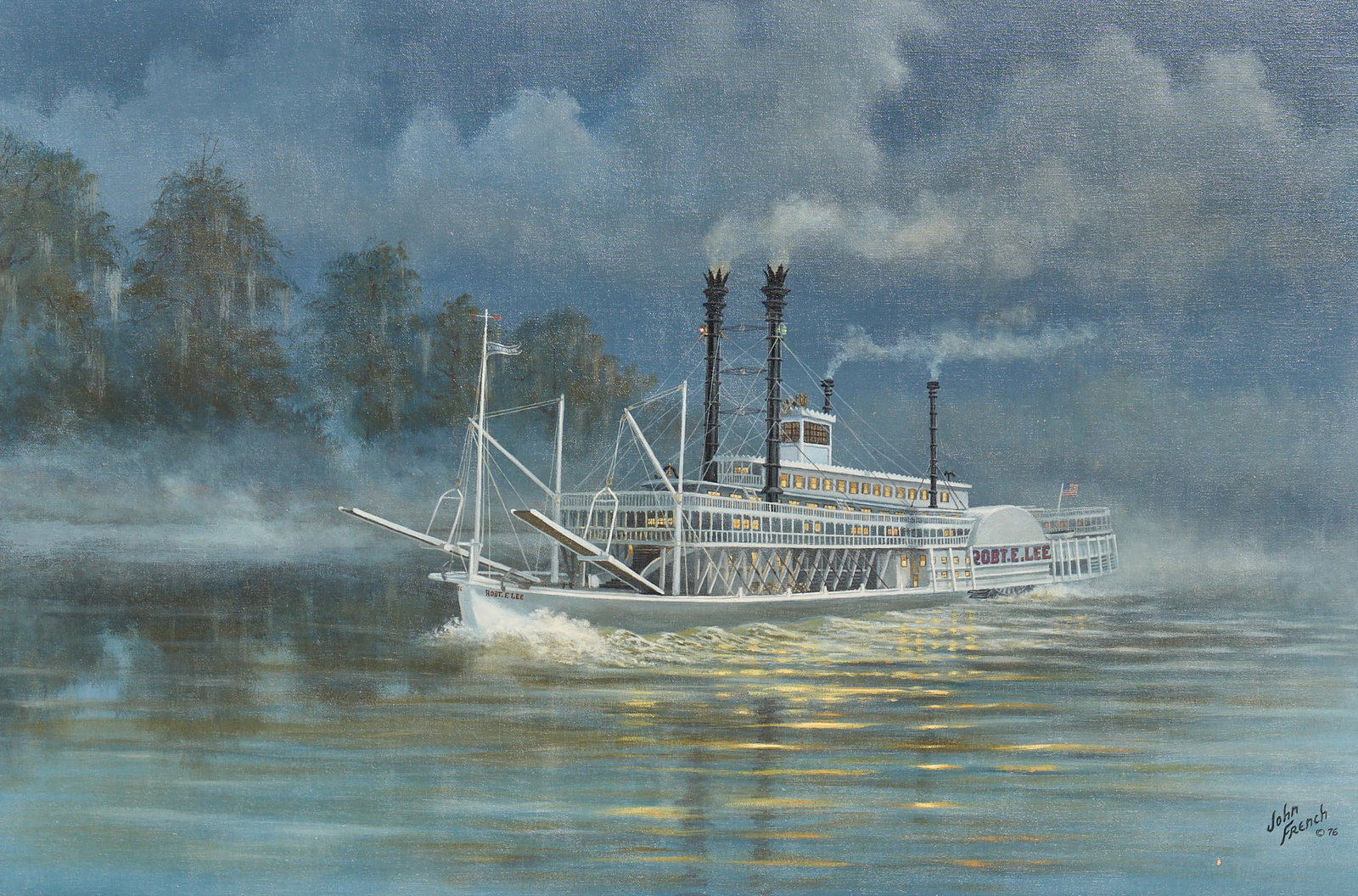 John French, Robert E. Lee Steamboat: John French (Texas, b. 1936), Robert E. Lee steamboat, oil on canvas, signed and dated lower right, 1976 sight: 24 x 36 in., frame: 31.5 x 43.5 in. Provenance: Property from a San Antonio, Texas