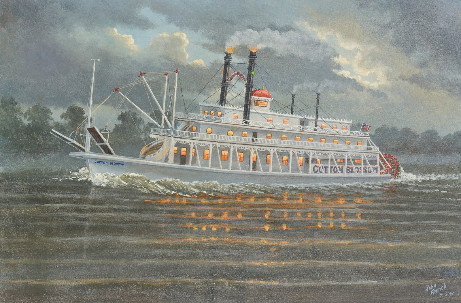 John French, Cotton Blossom Steamboat: John French (Texas, b. 1936), view of the Cotton Blossom steamboat, oil on canvas, signed and dated lower right, 2000 sight: 24 x 36 in., frame: 31.5 x 43.5 in. Provenance: Property from a