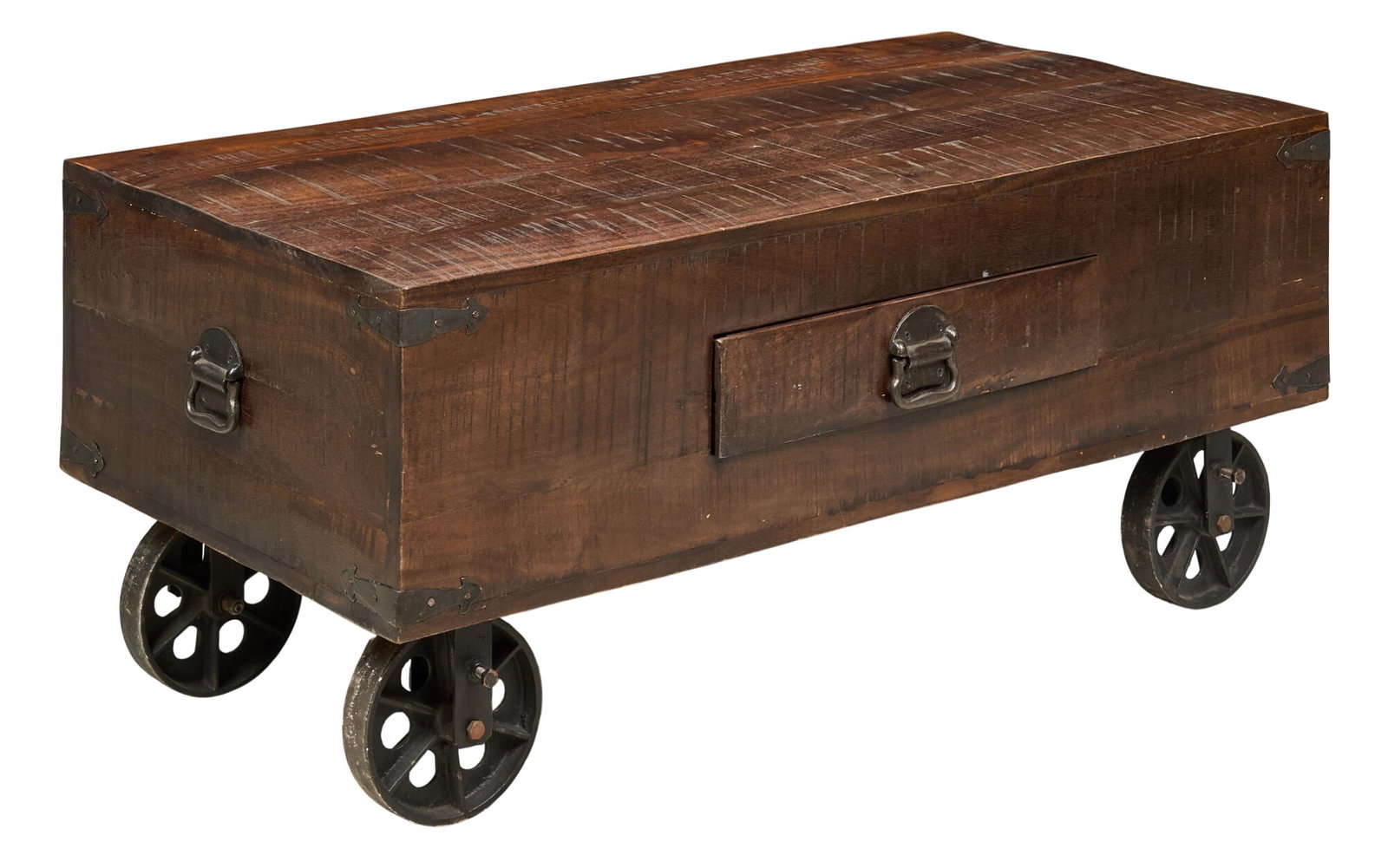 Industrial Coffee Table: Vintage industrial style coffee table with oversize wooden top with drawer and iron pulls, on repurposed iron cart wheels height 20.5 in. x width 48 in. x depth 24 in. Provenance: Property from