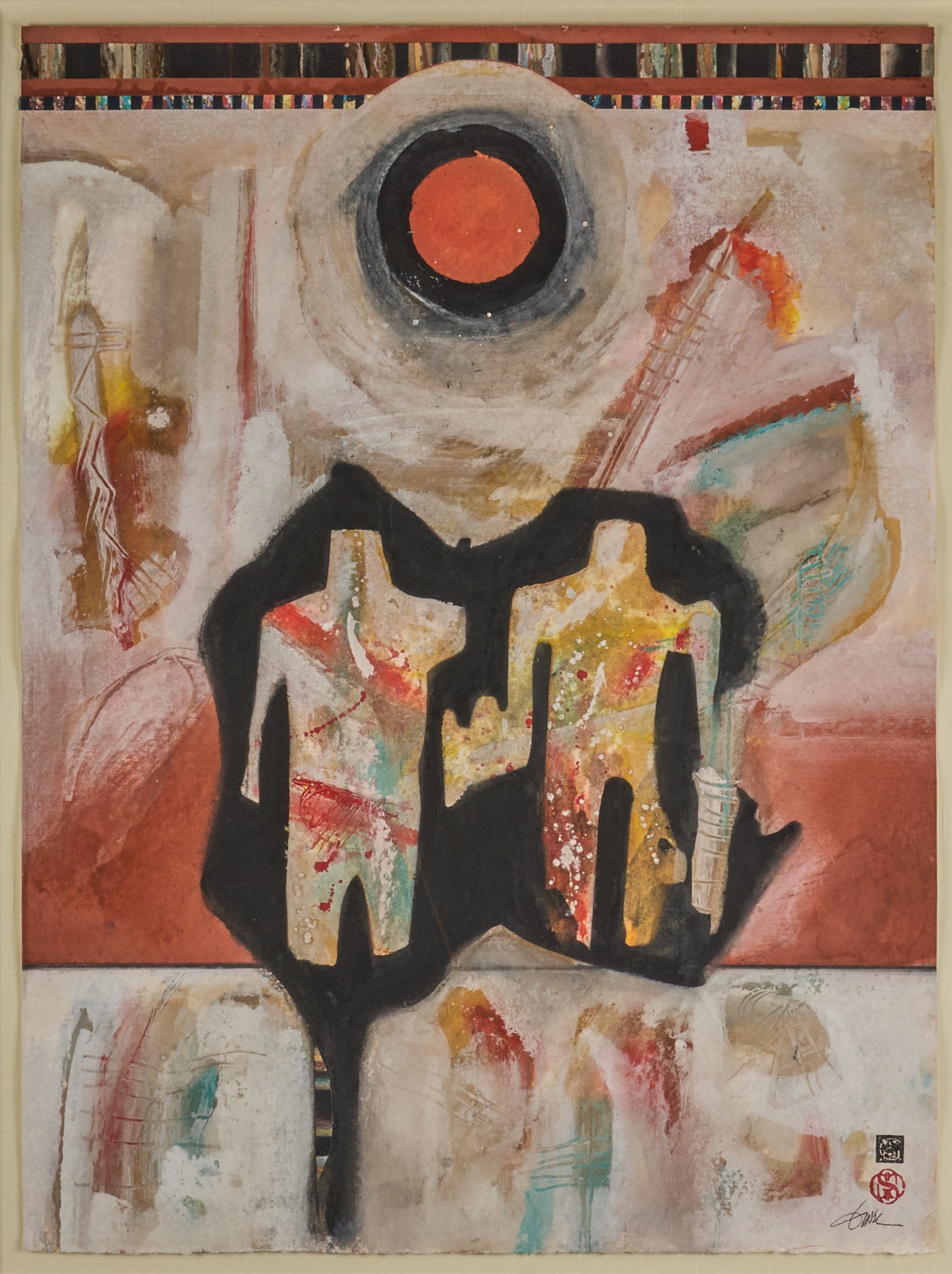 Abstract Mixed Media Work: Abstract mixed media work, "Shadow Figures #2" written on the verso, signed Gasse lower right, with artist's seal and monogram sight: 35.5 x 26.5 in., frame: 47 x 38 in. Provenance: