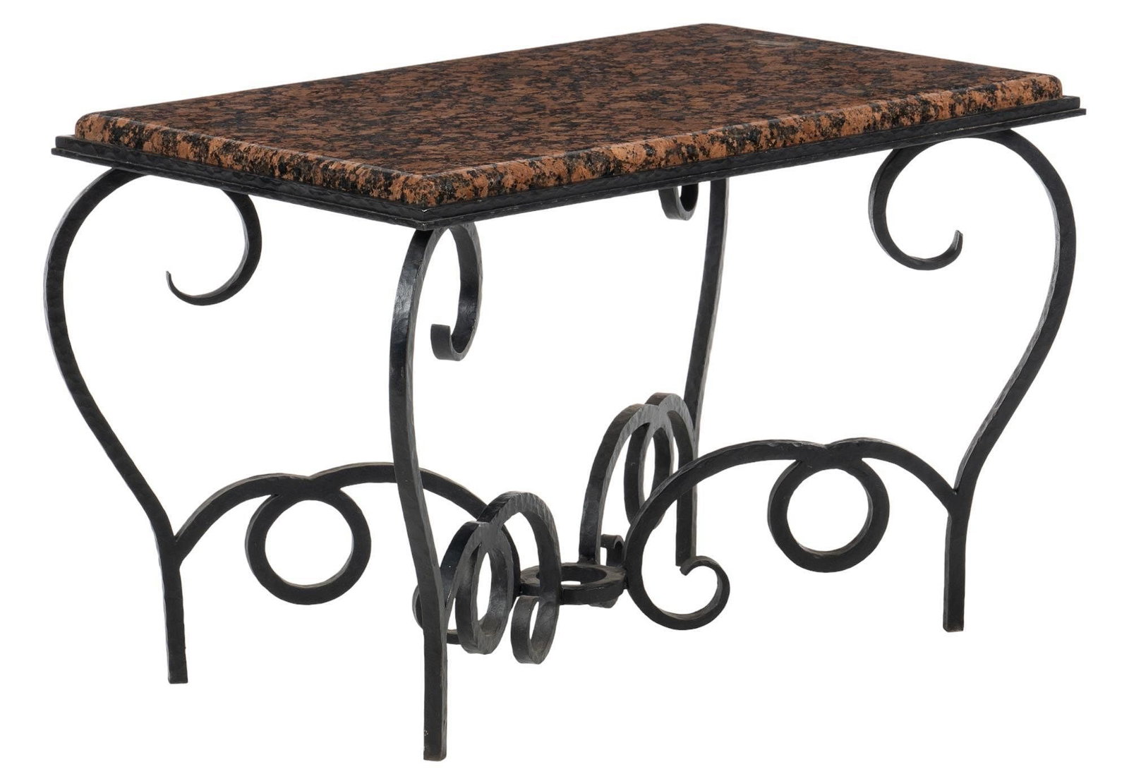 Marble Top Coffee Table: Marble top coffee table supported on scrolled iron base height 20 in. x width 32 in. x depth 18 in. Provenance: Property from a home in San Antonio, Texas