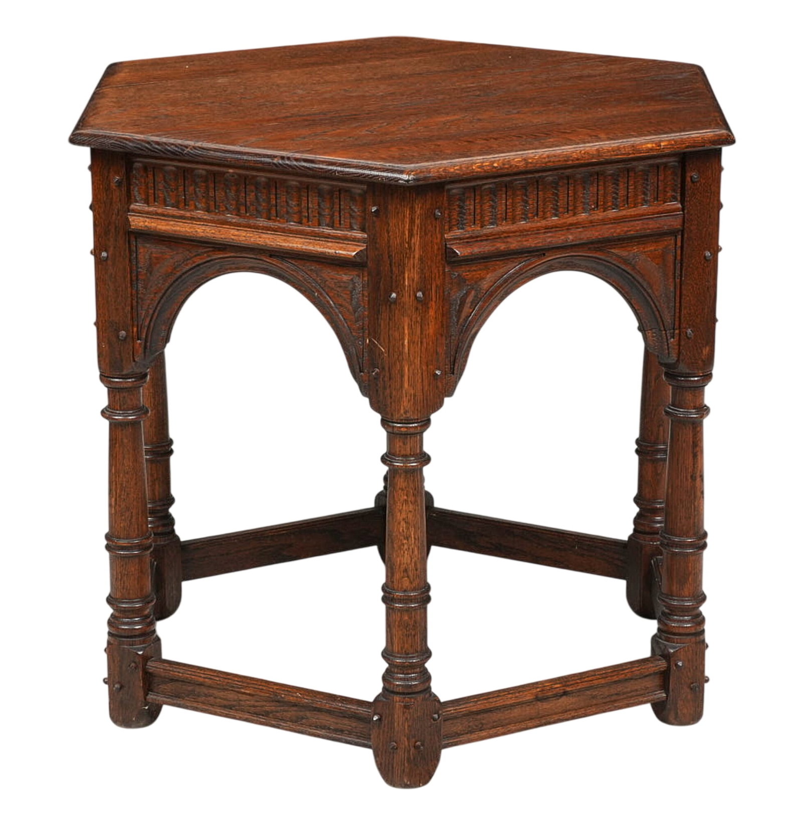 Jacobean Table: Jacobean hexagonal table height 29.5 in. x width 35 in. x depth 28 in. Provenance: Property from a home in Fort Collins, Colorado 