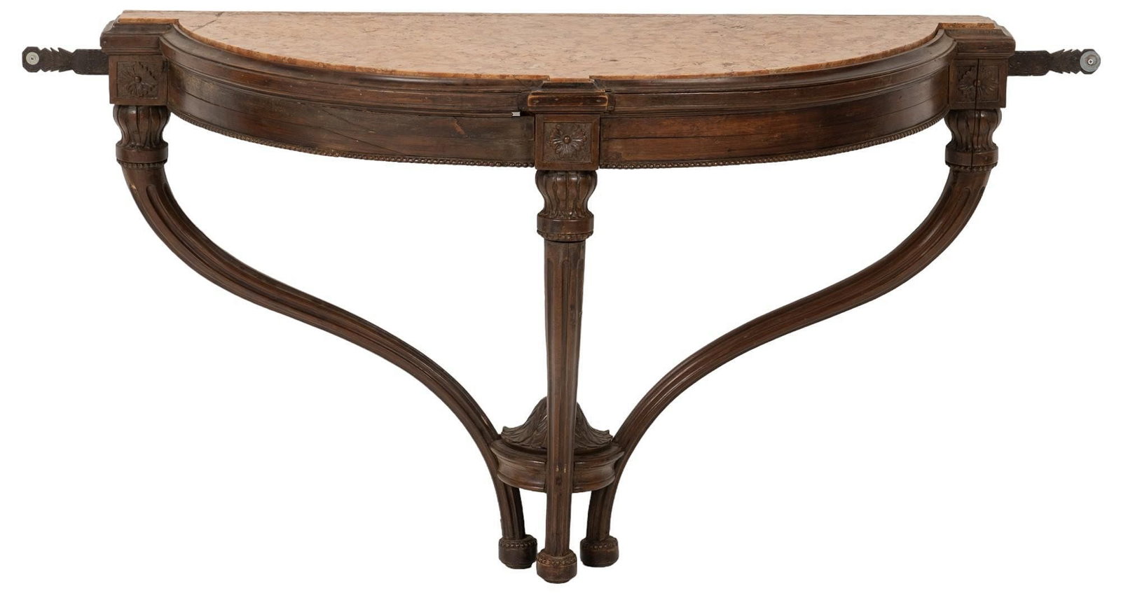 Mounted Demilune Table: Mounted demilune entry table featuring marble top supported on three fluted bentwood legs, with wall brackets height 34 in. x width 64 in. x depth 21.5 in. Provenance: Property from a home in