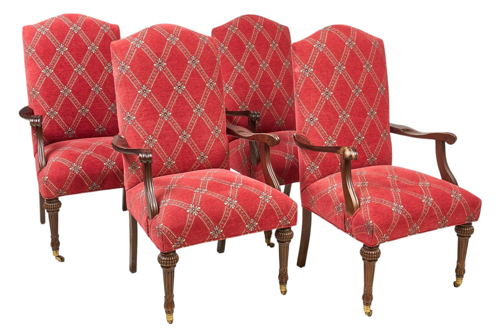 (4) Parker Southern Armchairs: Set of four Parker Southern (United States) upholstered armchairs with turned front legs with casters height 46 in. x width 26.5 in. x depth 29 in. / each Provenance: Property from the Estate of