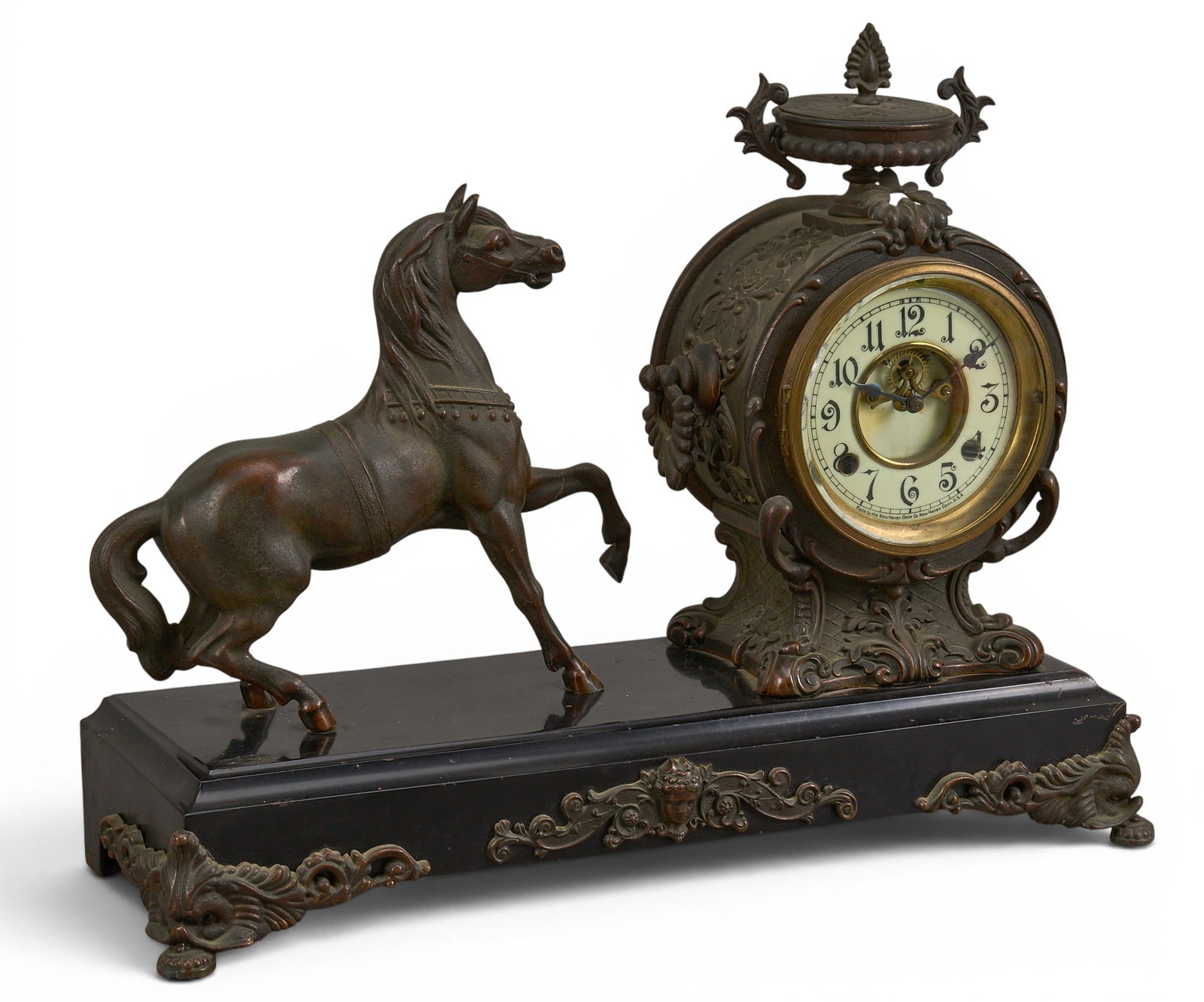 Vintage Mantel Clock: Vintage mantel clock with bronze case and horse figure, time keeping ability untested height 15.5 in. x width 20 in. x depth 7 in. Provenance: Property from a home in Yorktown, Texas