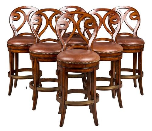 Set of (6) Artistica Swivel Bar Stools: Set of six vintage Artistica swivel bar stools with brown leather seat with nail head trim and a decorative back height 46 in. x width 19 in. x depth 20 in. Provenance: Property from a