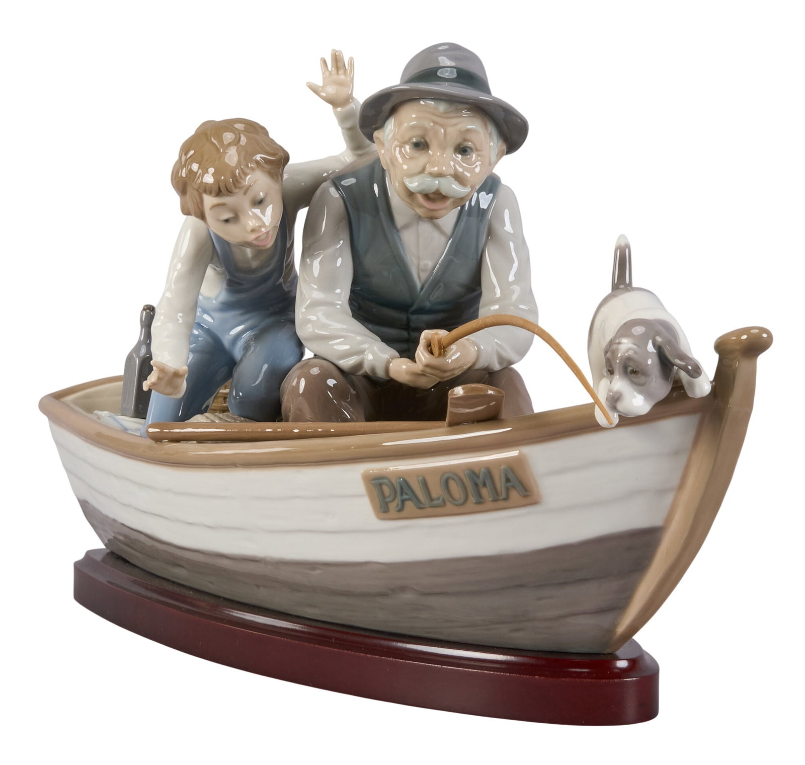 Lladro, Fishing with Gramps: Lladro Fishing with Gramps porcelain figurine with polished wood base height 8.5 in. x width 15.5 in. x depth 6 in. Provenance: Property from a home in San Antonio, Texas 
