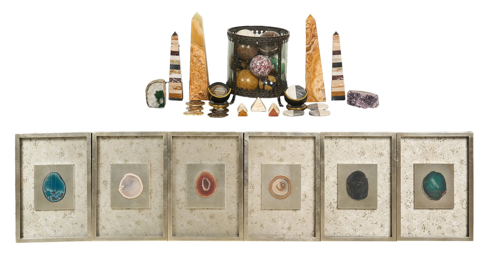 Gemstone Spheres and Obelisks: Collection of gemstone spheres and obelisks height 18 in. x width 4 in. x depth 4 in. Provenance: Property from the Dominion home of a prominent San Antonio, Texas beverages entrepreneur