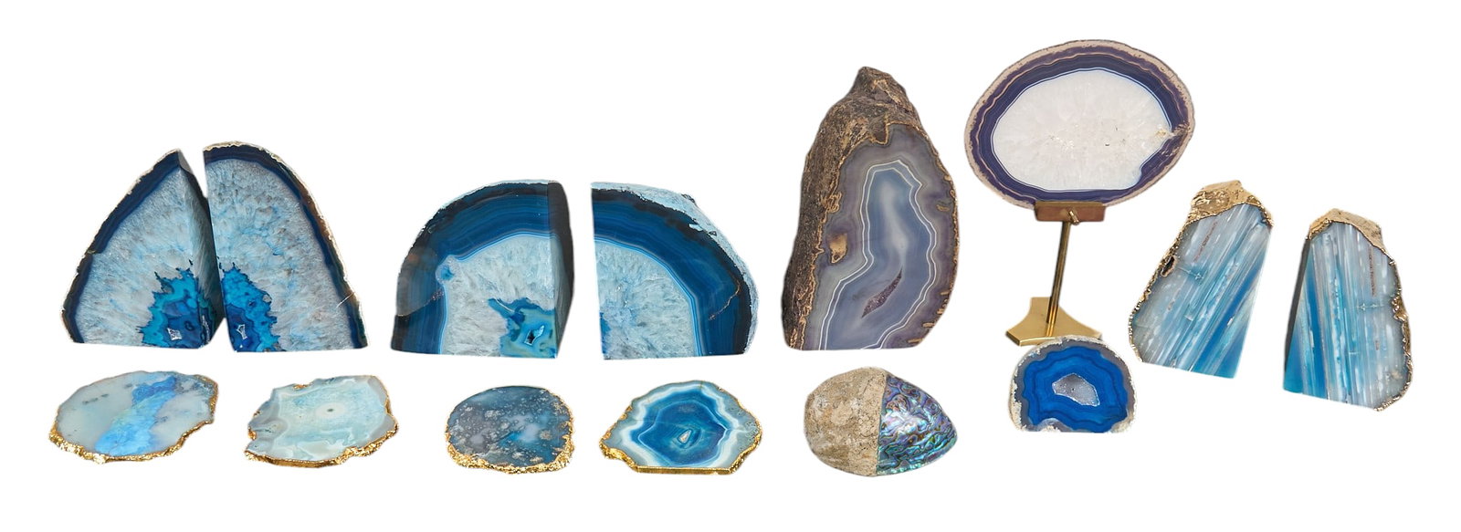 Blue Agate Collection: Collection of blue agate slices and book ends height 10 in. x width 7.5 in. x depth 3 in. Provenance: Property from the Estate of Robert A. "Bob" Funk Sr. - trailblazing American