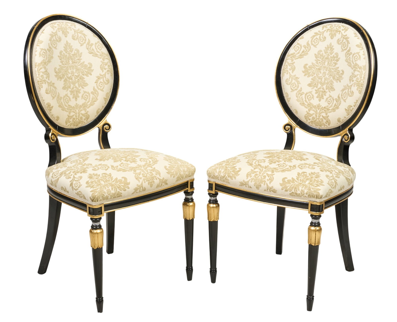 Pair of Medallion Back Side Chairs: Pair of medallion back side chairs with white damask pattern upholstery height 39.5 in. x width 23 in. x depth 20 in. / each Provenance: Property from the Estate of Robert A. "Bob"