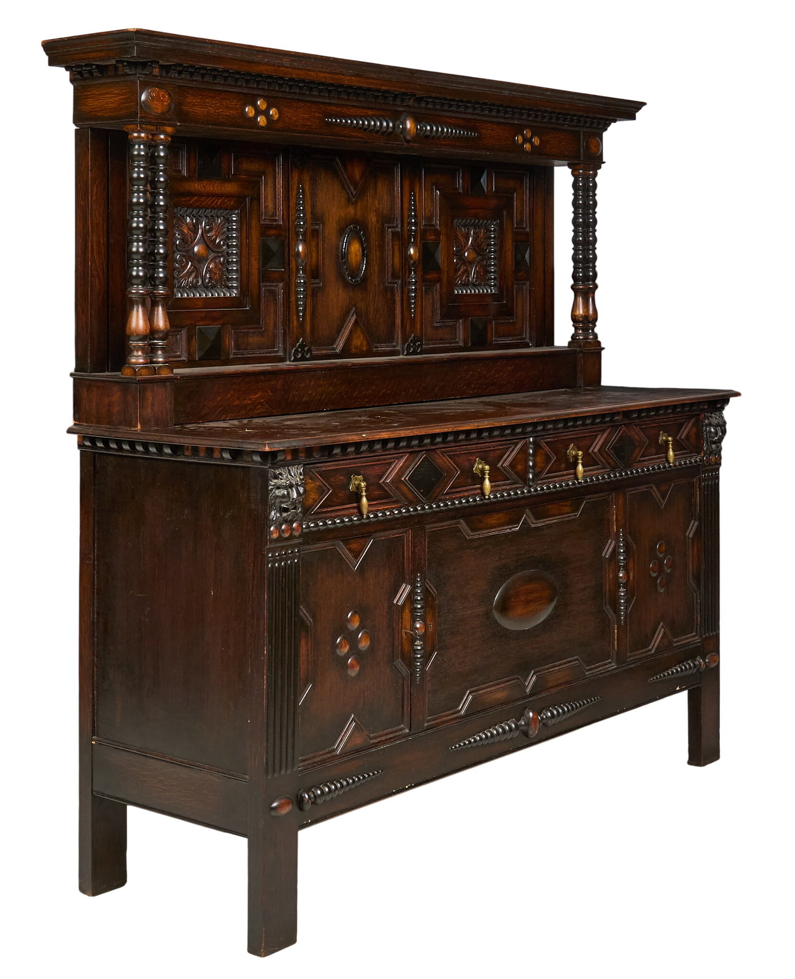 Vintage Court Cupboard: Vintage two-piece court cupboard with decorative carvings, drawer, and cabinet storage height 71 in. x width 72 in. x depth 25 in. Provenance: Property from a home in San Antonio,