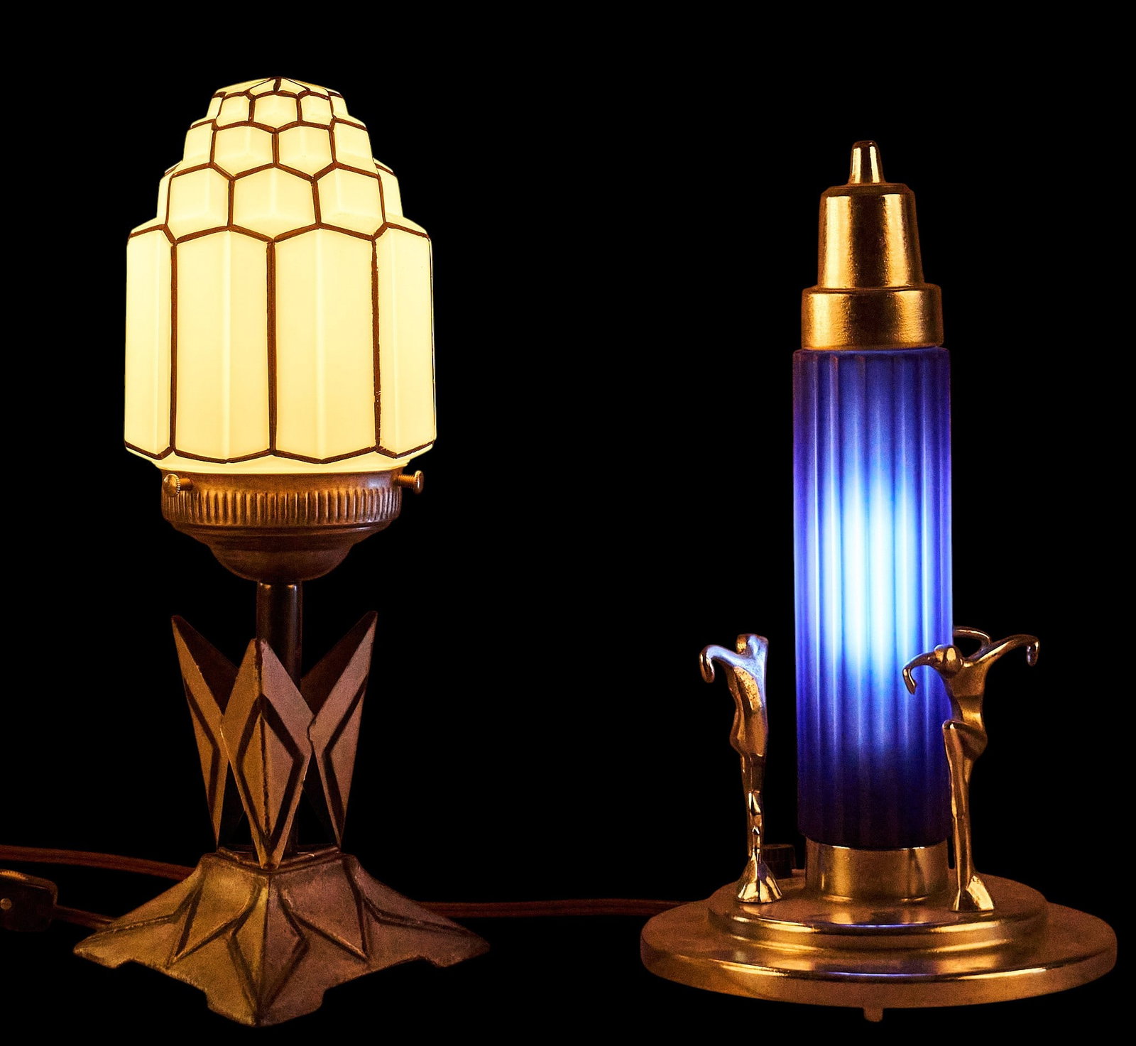 (2) Art Deco Table Lamps: Two Art Deco table lamps, featuring geometric and figural motifs height 12.5 in. x diameter 6 in. / largest Provenance: Property from a home in San Antonio, Texas