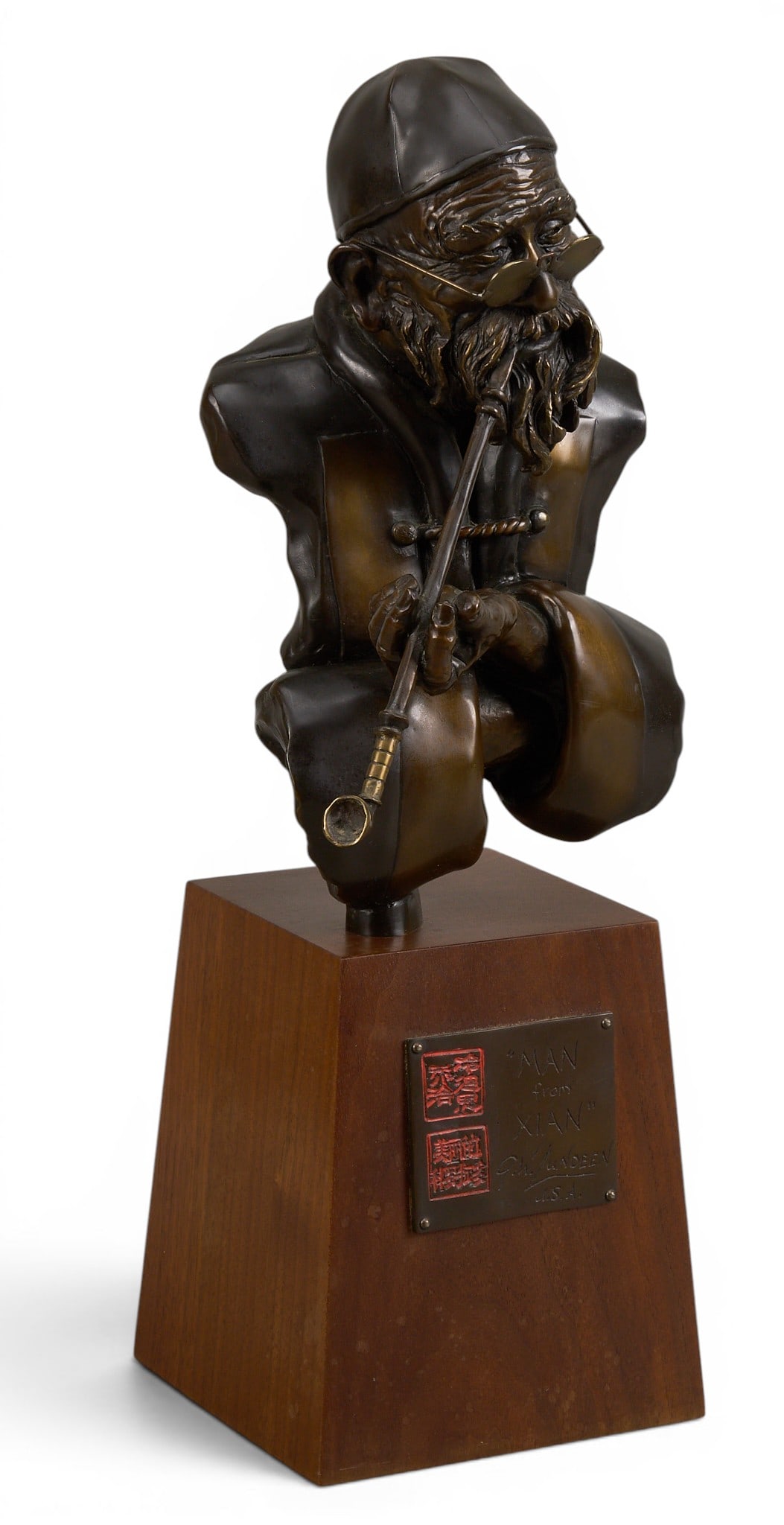 George Lundeen, "Man from Xian": George Wayne Lundeen (Amer., b. 1948), "Man from Xian", artist-cast bronze sculpture on wooden base with cast bronze title plaque, incised signature, edition number 19/21, and