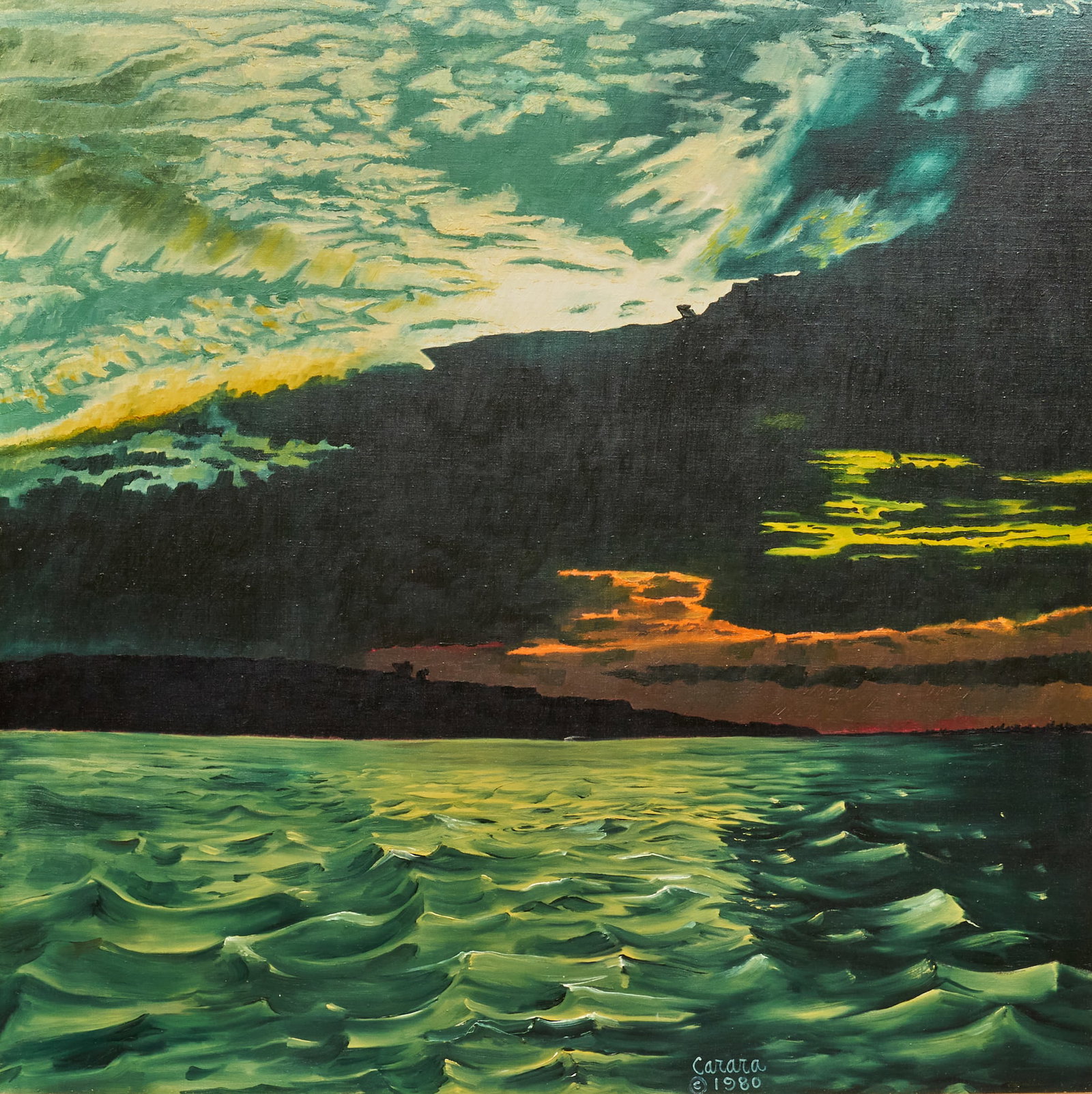 Eugene Carara, "Channel Island Sunset": Eugene Carara (Colorado, 1928-2011), "Channel Island Sunset" (California), oil on canvas, signed and dated lower right, 1980 sight: 36 x 36 in., frame: 41.5 x 41.5 in.