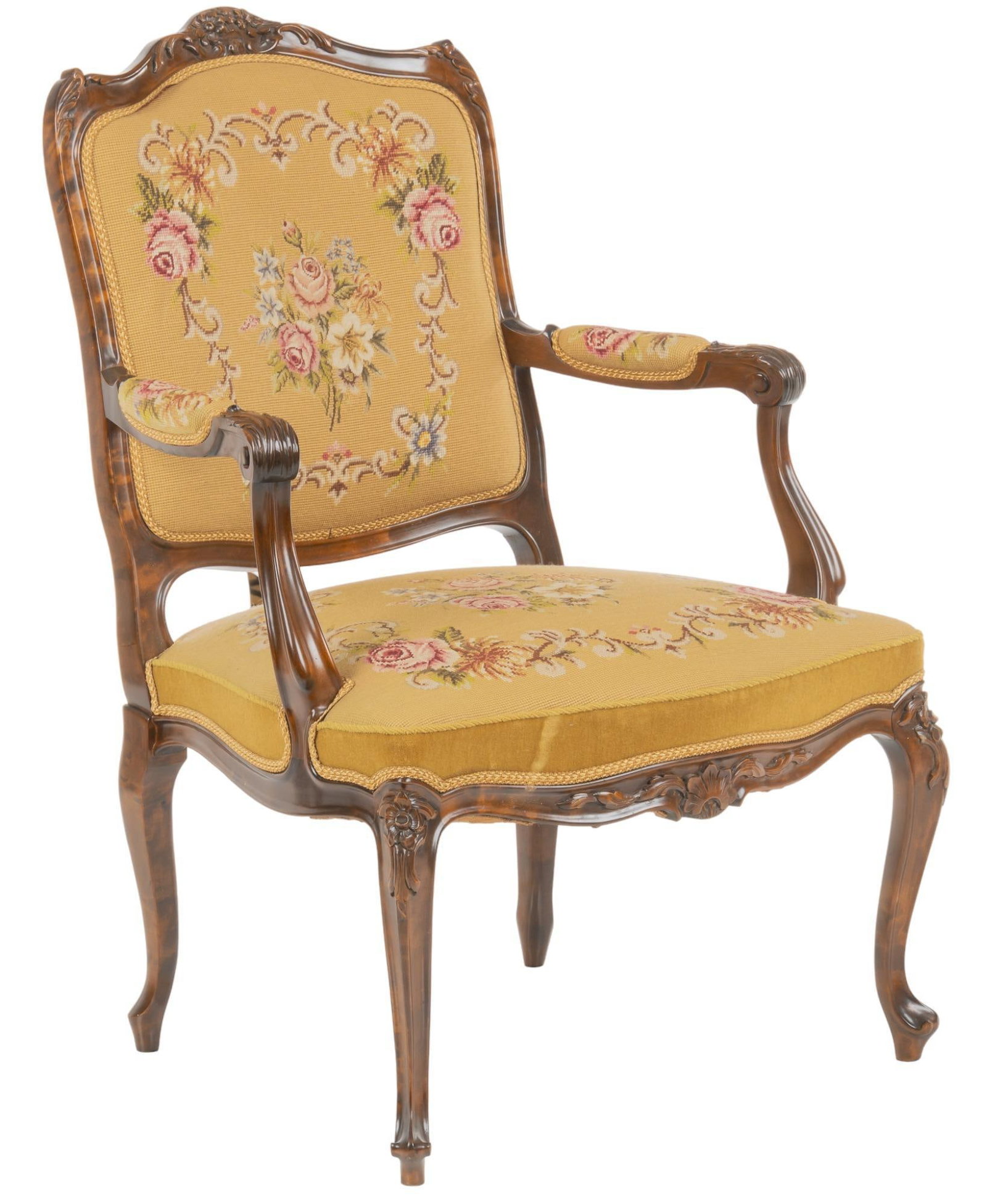 French Provincial Style Needlepoint Chair: French Provincial style chair, featuring needlepoint floral design on back and seat, with carved wooden frame, with top and bottom crests, rising on cabriole legs height 37 in. x width 26 in. x depth