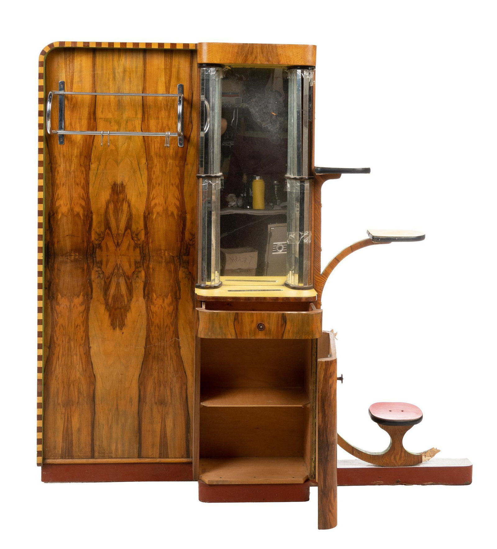 Art Deco Hall Tree: Art Deco hall tree, with clothing rack on the left, at the right a series of small shelves, at center a mirror above a drawer and cabinet door opening to a single shelf interior height 72 in. x width