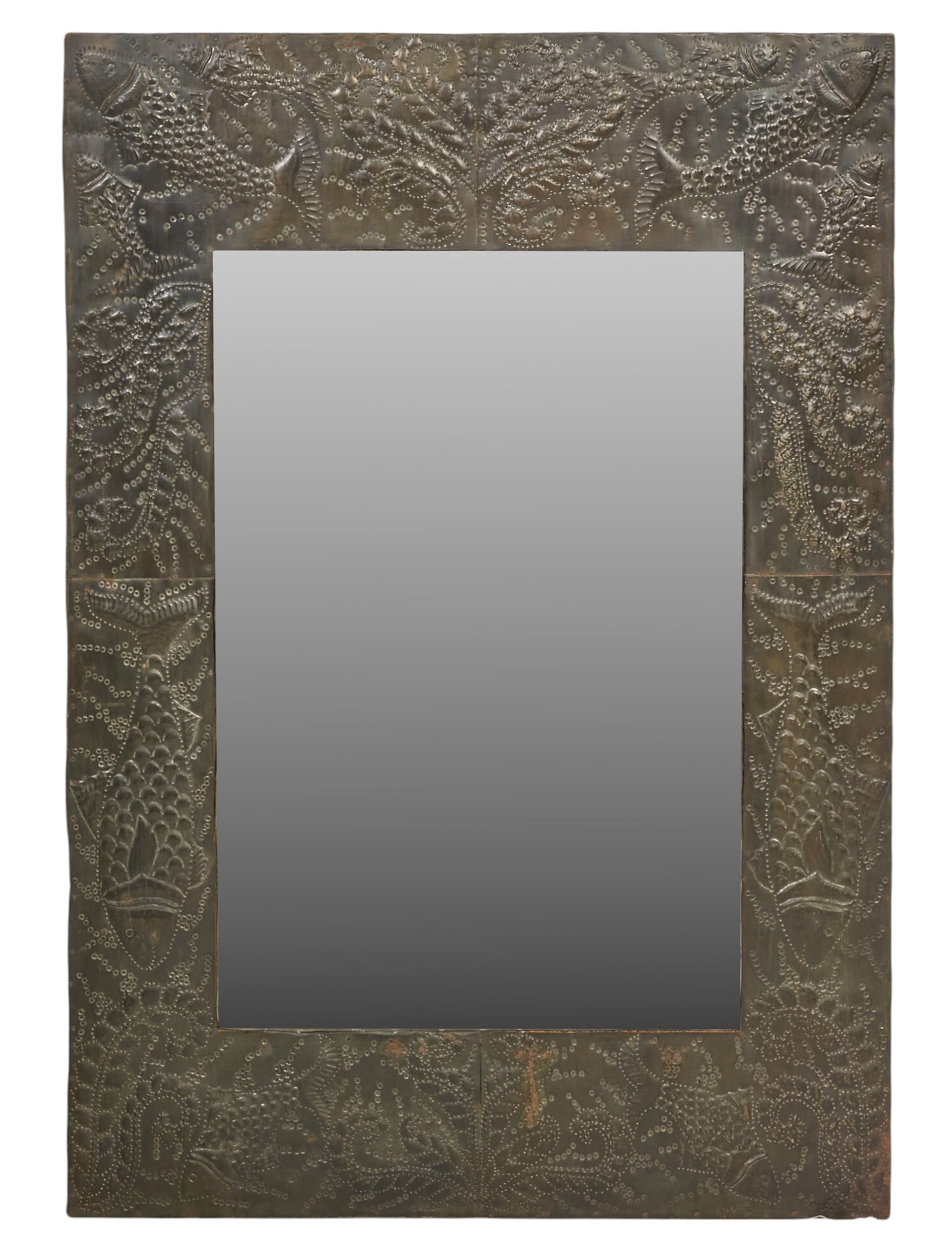 Vintage Punched Tin Mirror: Vintage mirror with hand-punched tin mirror with fish motifs height 48 in. x width 33 in. x depth 0.5 in. Provenance: Property from a home in Rockport, Texas
