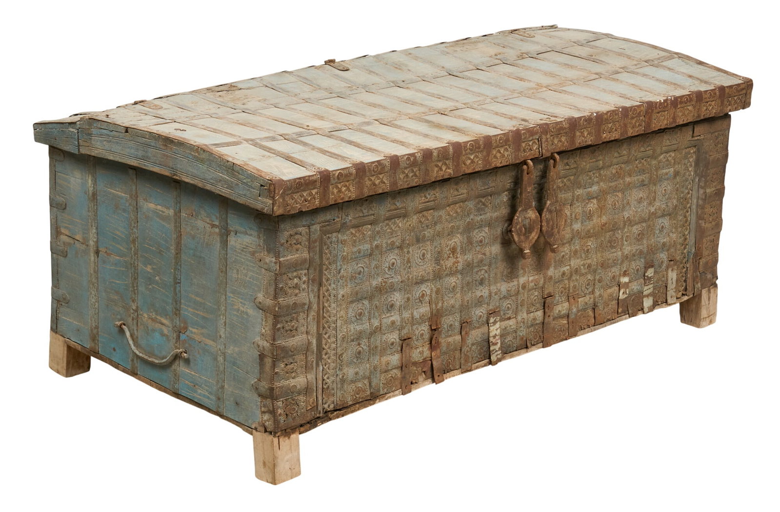 Antique Indian Pitara Chest: Antique Indian wood and iron Pitara chest, supported on newer block legs height 24 in. x width 53 in. x depth 28 in. Provenance: Property from a home in Fort Collins, Colorado 