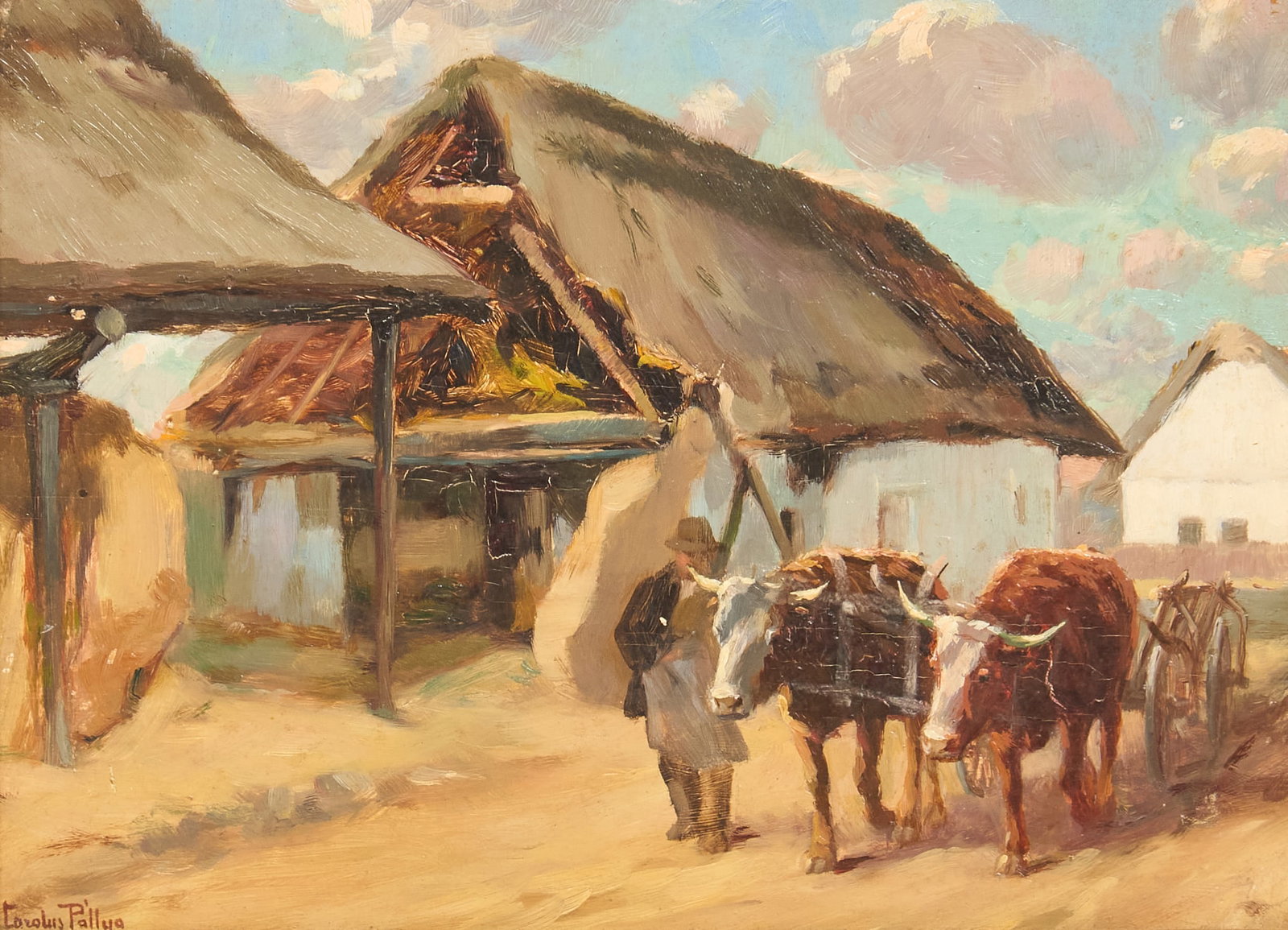 Carolus Pallya, Oxcart Scene: Carolus Pallya (Hungary, 1875-1930), oxcart scene, oil on wood panel, signed lower left sight: 8 x 10 in., frame: 14 x 16.5 in. Provenance: Property from a home in San Antonio, Texas