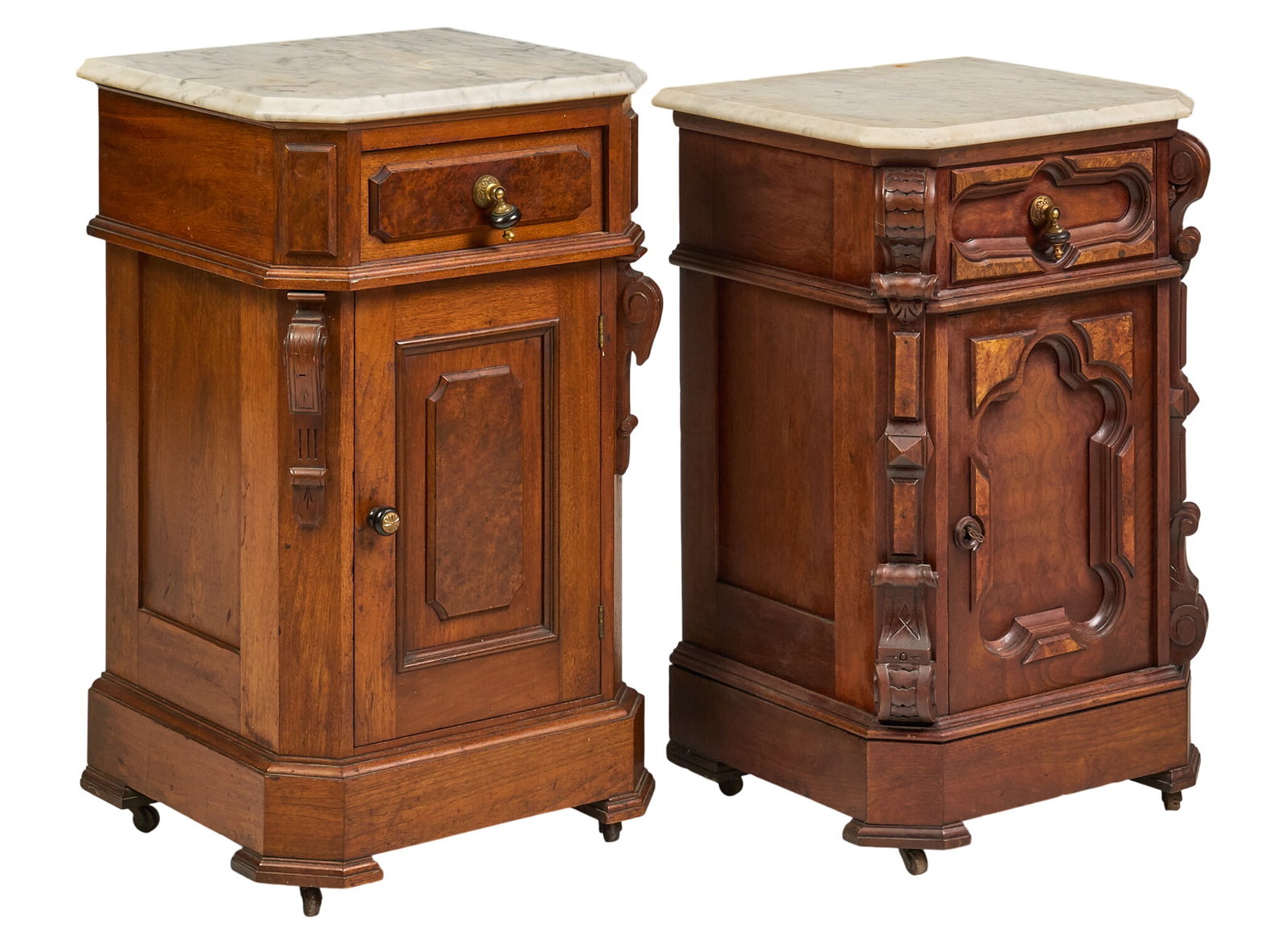 (2) Marble Top Nightstands: Two unmatched Victorian style marble top nightstands with shelved cabinet storage, both supported on casters height 32 in. x width 19 in. x depth 16 in. / tallest Provenance: Property from a hom